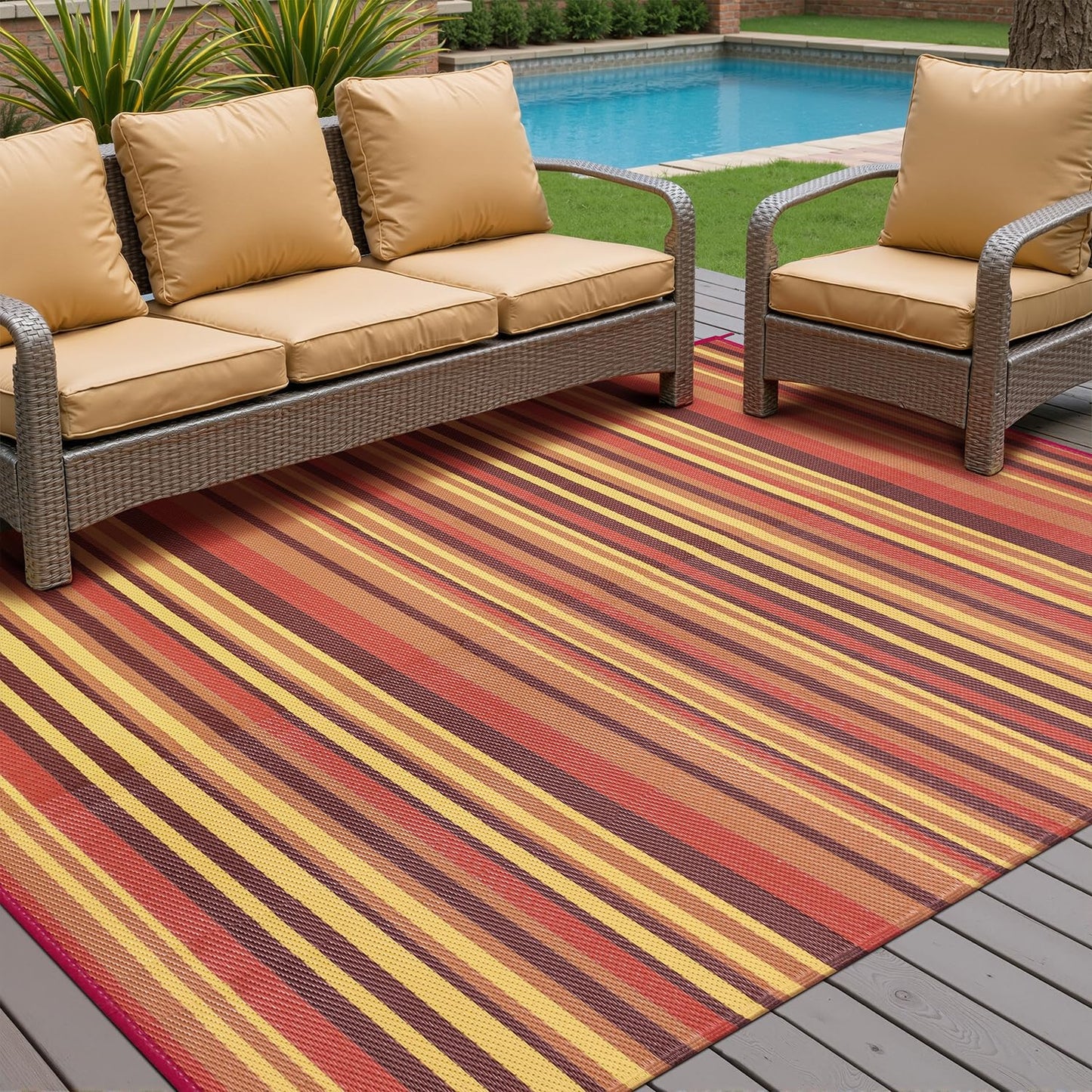 WondRg Outdoor Rug Patio Mat 6x9 Waterproof Plastic Straw Red Orange Stripe Tapis Exterieur for Camping Picnic Deck Washable Outside Carpet Balcony Backyard Porch RV Portable Reversible Lightweight