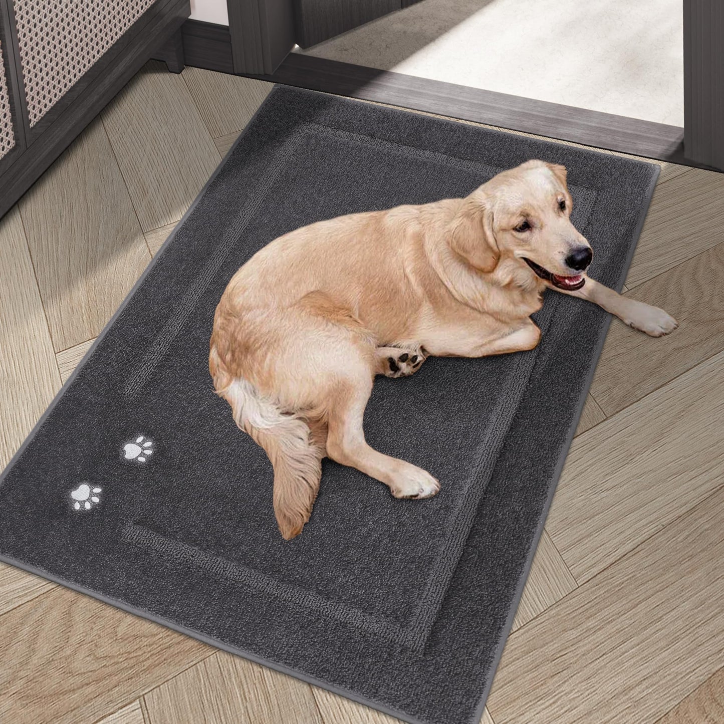 BEQHAUSE Dog Door Mat for Muddy Paws 32"x48", Absorbent Dirt Trapper Entryway Rug Non-Slip Washable Welcome Mat Soft Stain Resistant for Dogs Entry Indoor Door Mat, Dark Grey