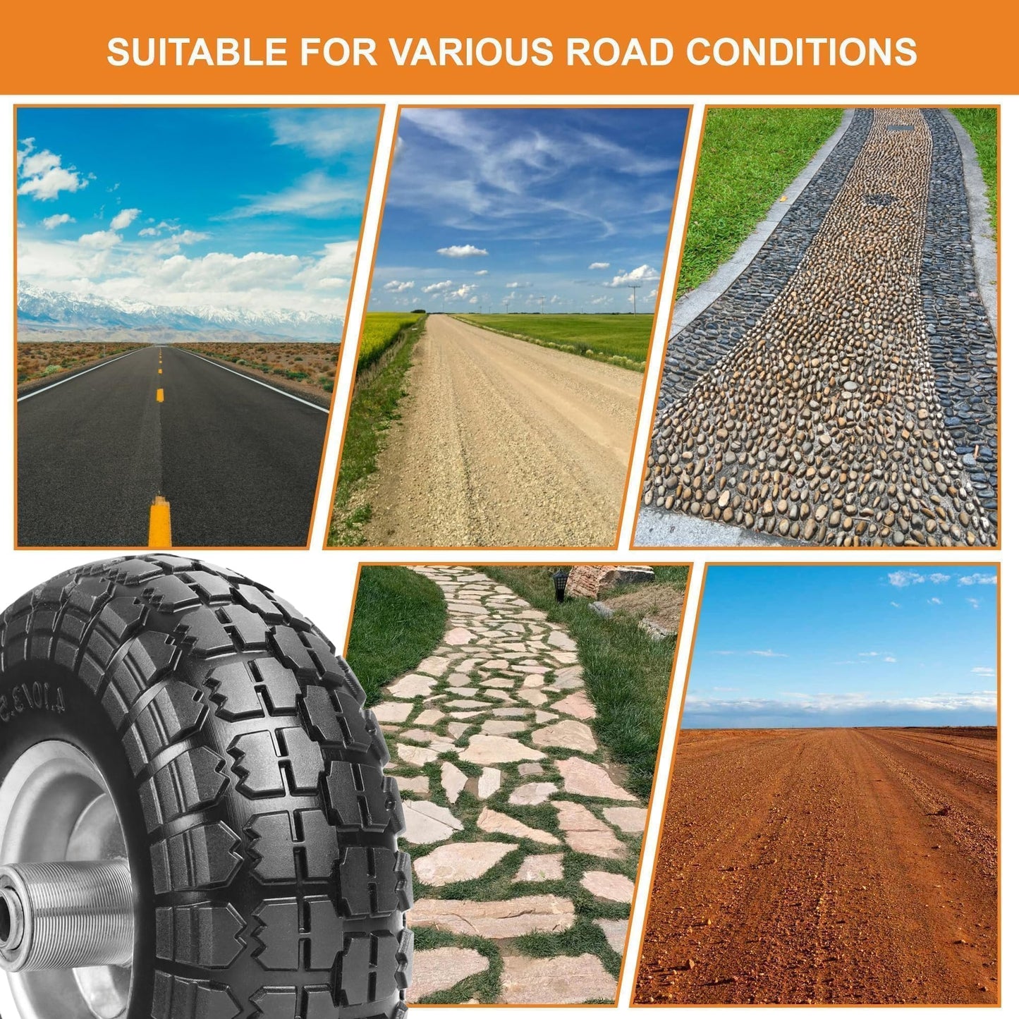 4.10/3.50-4 Tire and Dolly Wheel Flat Free - Solid Rubber Hand Truck Wheels 5/8" Axle - Gorilla Cart Tires Replacement for Garden, Wagon, Yard and Wheelbarrow (10 Inch 2 Pack)