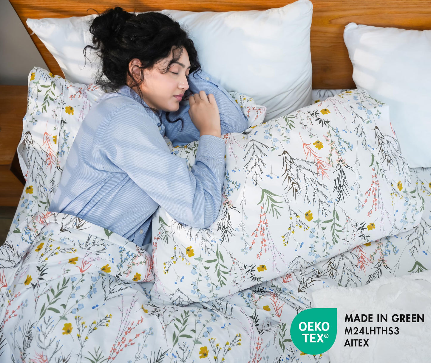 RUVANTI 100% Cotton Sheets – King Size Percale Bedding, Cooling & Breathable Floral Design, Durable with a Crisp, Soft & Comfortable Feel, 16" Deep Pocket, 4-Piece Set, Aroma