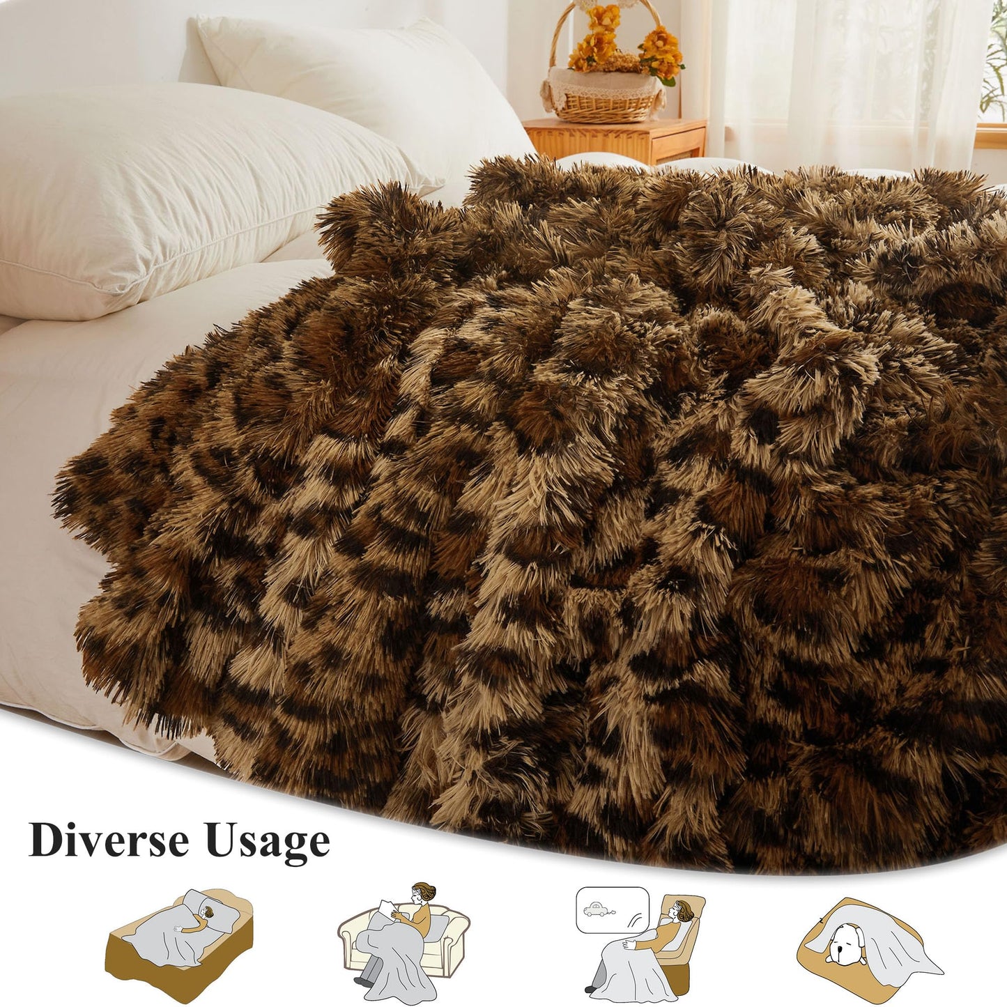 XeGe Luxury Faux Fur Leopard Print Throw, Soft 50x60 Cheetah Print Fluffy Blanket, Wild Shaggy Plush Decorative Couch Throw, Cute Furry Fuzzy Animal Print Blanket for Sofa Bed, Brown