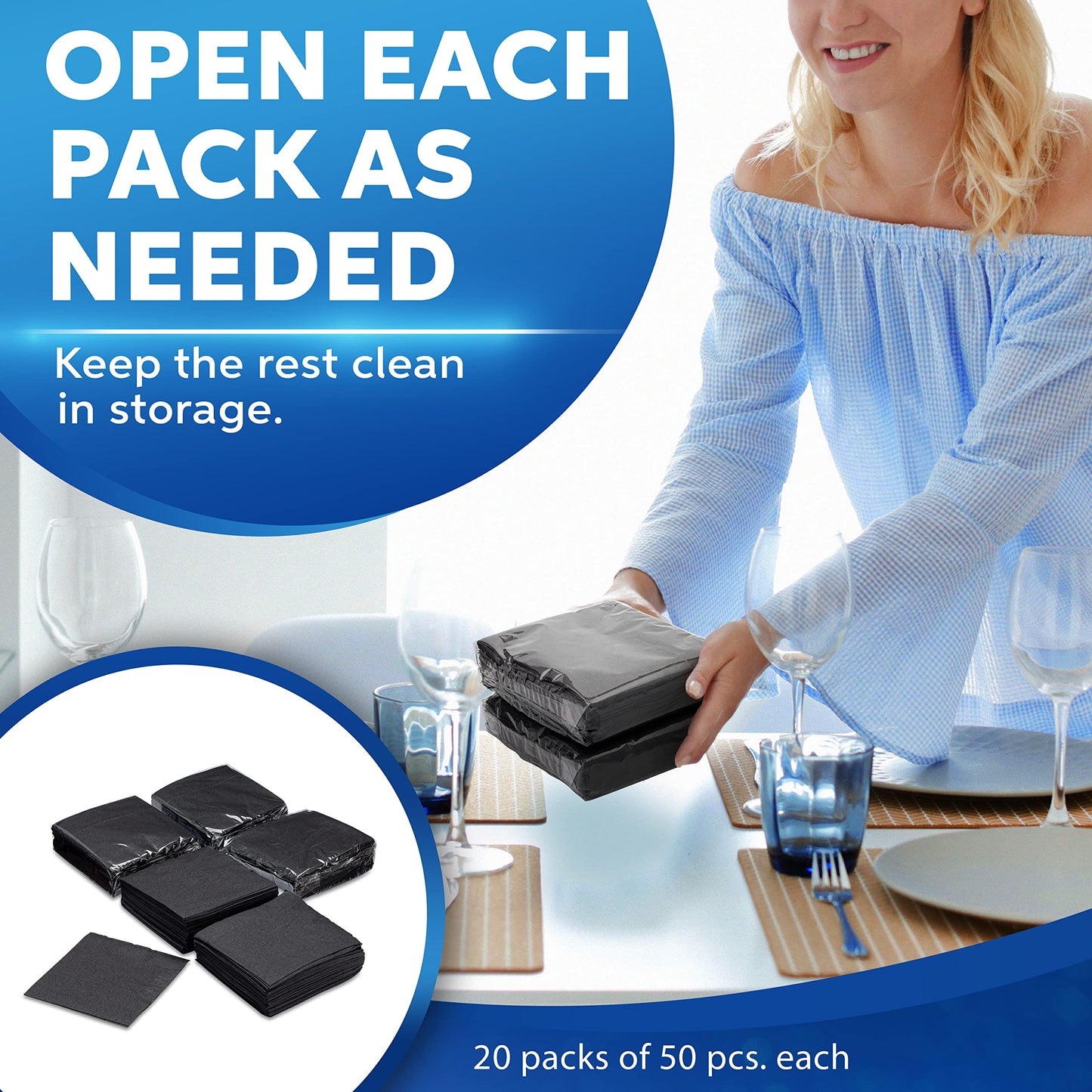 Beverage Napkins Bulk - 2-Ply Black Cocktail Napkins 10" x 10" - Case of 1000 (50 per pack, 20 packs) - Paper Drink Dessert Party Napkins for Restaurants, Bars, Weddings, Catering - Paterson Paper