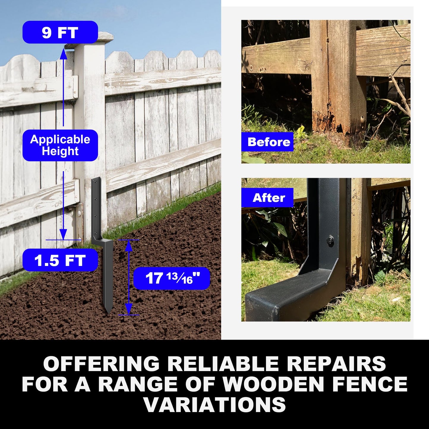 AKINGKONG Fence Post Repair Kit - Thickened 11-Gauge Steel Anchors & Stake for Broken/Leaning 4x4/6x6 Wood Posts (One-Piece, 4-Pack)