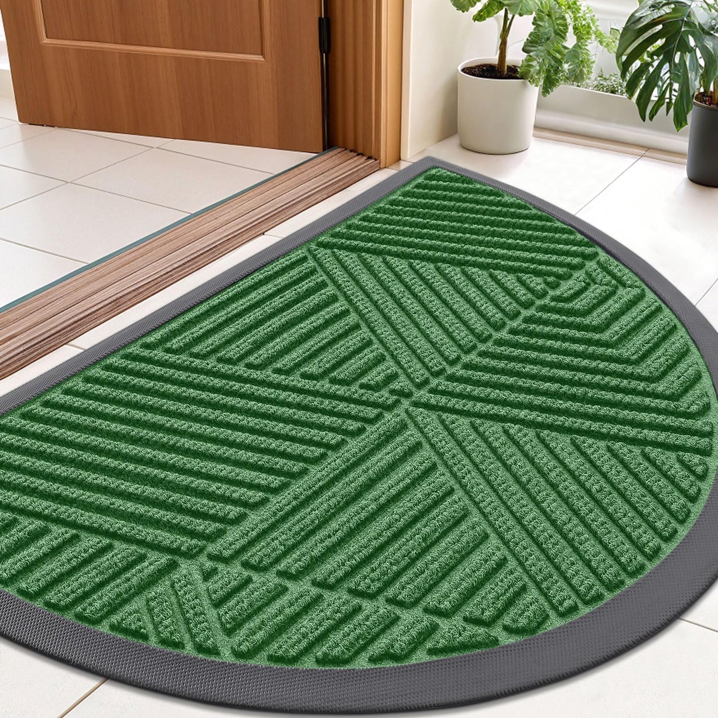 Smiry Half Circle Front Door Mat Outside Entrance, Heavy Duty Sturdy Natural Rubber Doormat, Trap Dirt and Moisture, Low Profile Mats for Indoor Outdoor Entry, Irregular Triangle (36x24, Green)