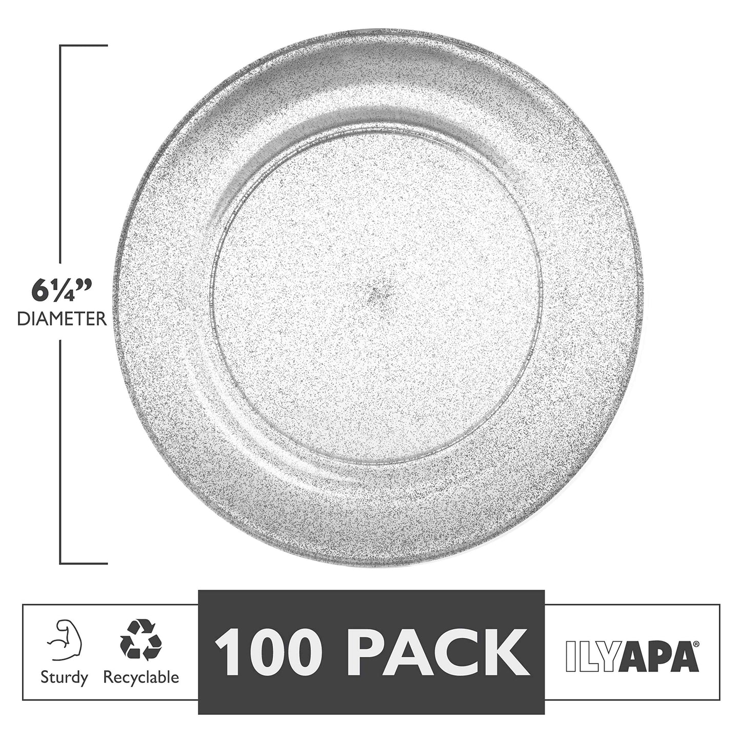 Ilyapa 100 Pack 6 Inch Disposable Dessert Plates, Plastic Clear Party Sets for 100 Guests, Clear Appetizer and Cake plates 6", Party & Dinner Accessories, Silver Glitter