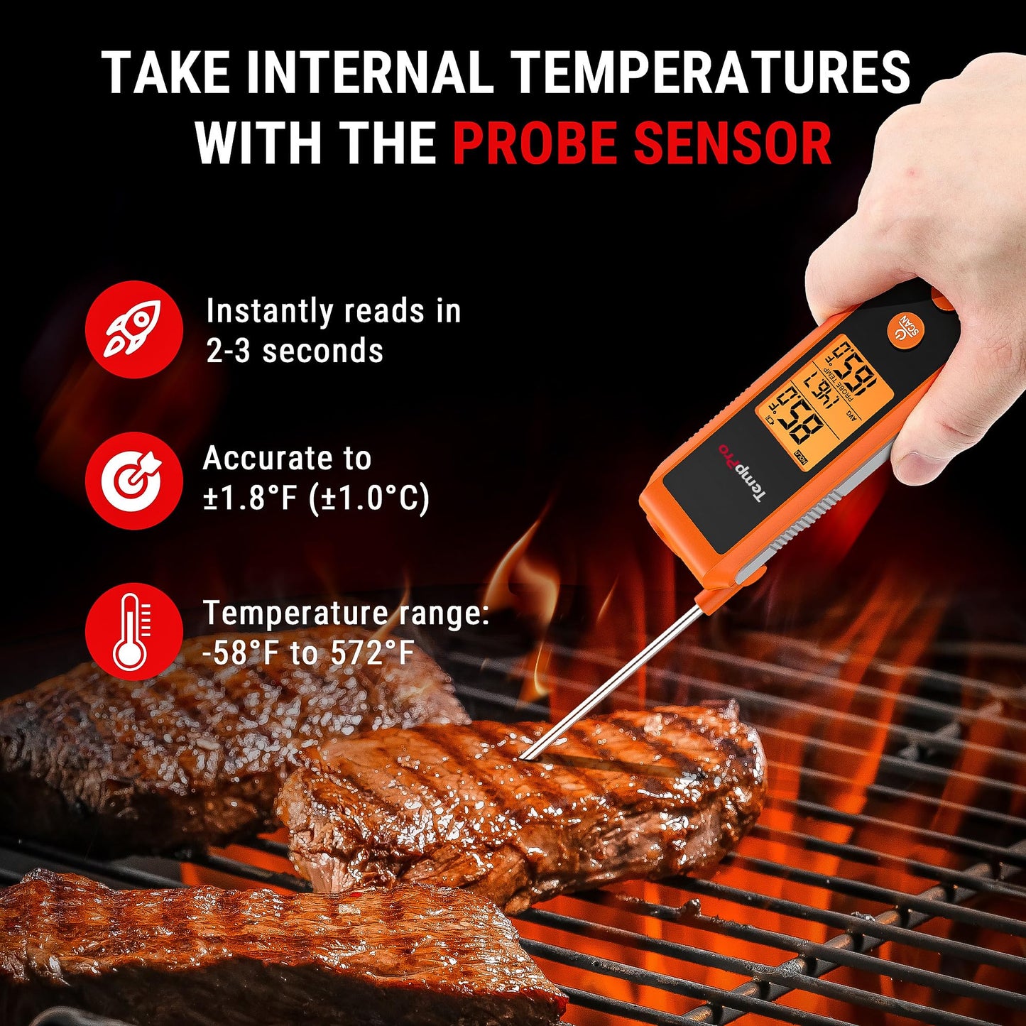 TempPro TP420 2-in-1 Instant Read Thermometer for Cooking, Infrared Thermometer Cooking Thermometer, Non-Contact Laser Meat Thermometer for Griddle Grill Pizza Oven HVAC Pool (Previously ThermoPro)