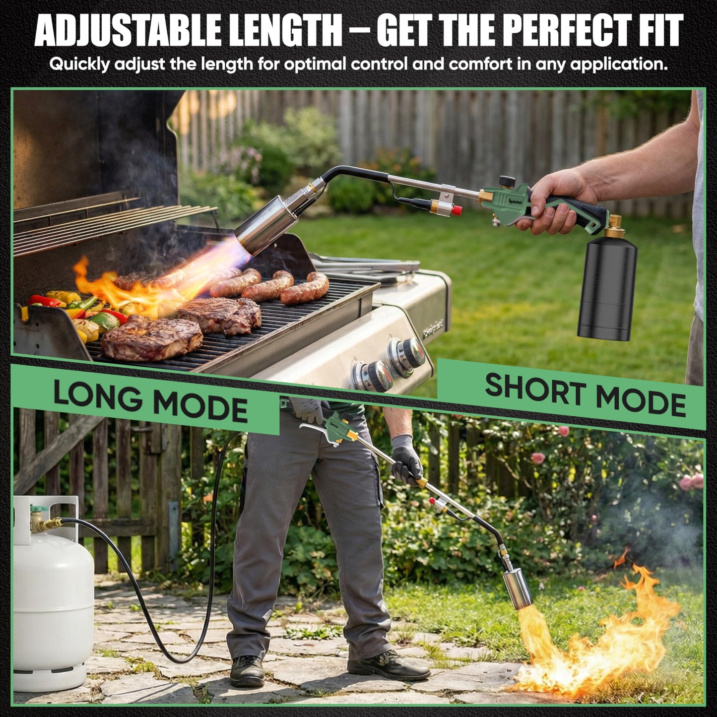 Propane Torch Weed Burner Heavy Duty-340,000 BTU Weed Torch with 2 Extension Modes, Piezo Trigger(Self Igniting)&12.5ft Hose, Multi-Fuel Compatible(1lb-100lb) for Weeds, Ice Melting, Roofing, Green