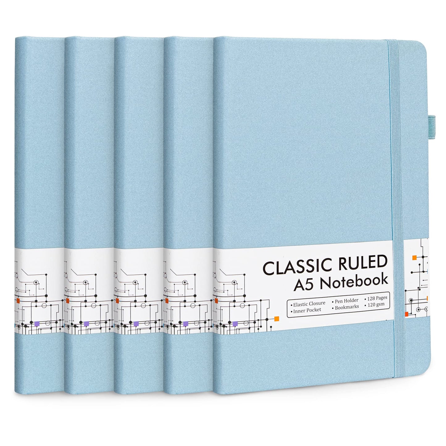 feela 5 Pack Journal Notebook Bulk for School, Hardcover Business Notebooks Classic Ruled Lined Journals with Pen Holder for Work Note Taking, with 5 Black Pens, 120 GSM, 5.1”x8.3”, A5, Light Blue