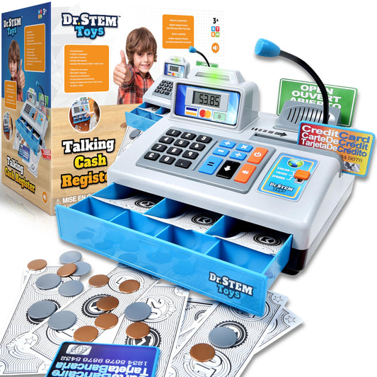 Ben Franklin Toys Talking Toy Cash Register - Store Learning Play Set with 3 Languages, Paging Microphone, Credit Card, Bank Card and Play Money