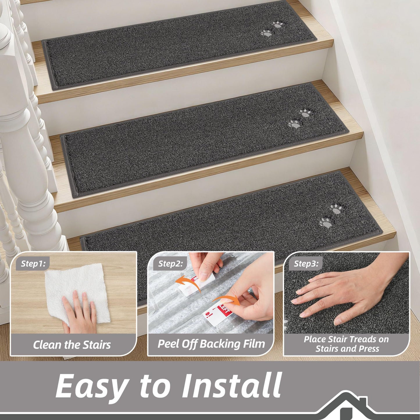 BEQHAUSE Stair Treads for Wooden Steps Non-Slip Machine Washable Carpet Stair Treads 28"X9" Soft Indoor Stair Runner for Kids Elders and Pets, 100% Polyester, 4pcs, Dark Grey