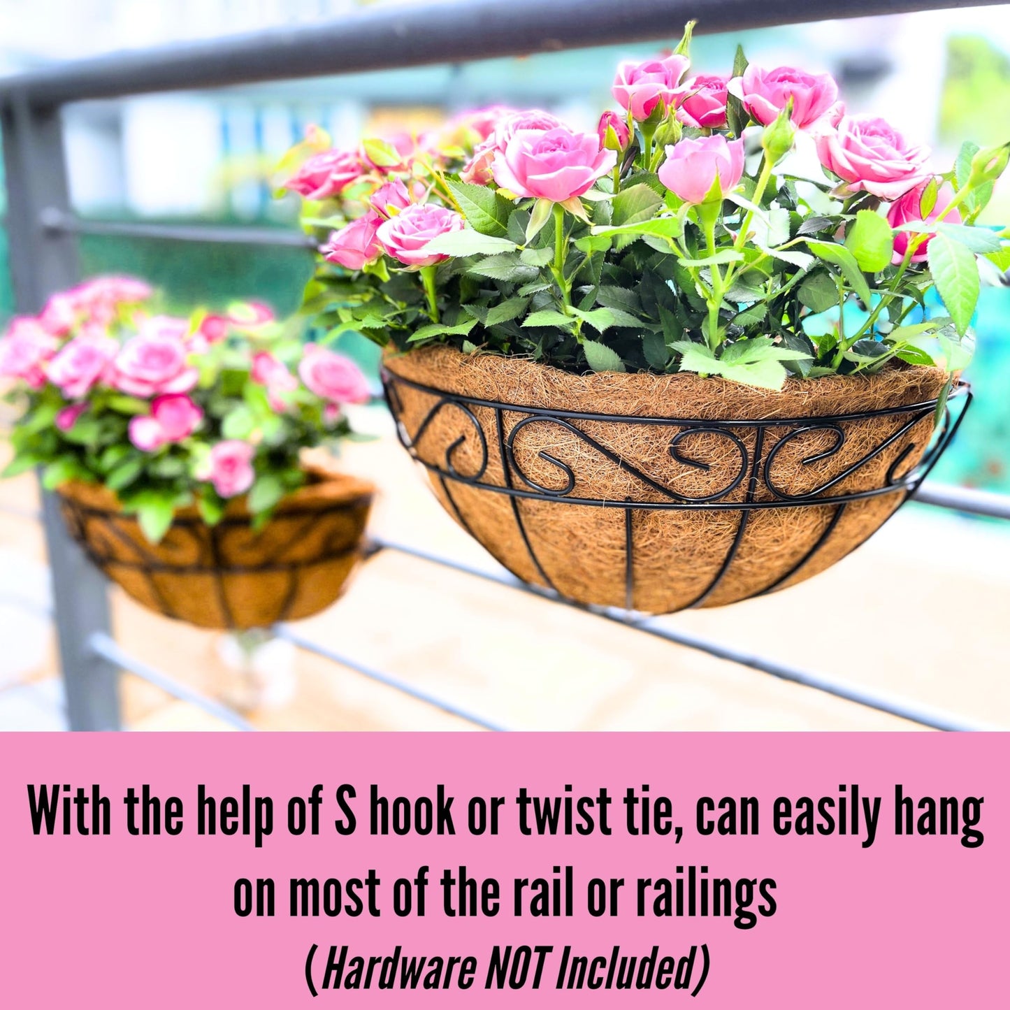 LaLaGreen Wall Mounted Flower Baskets (4 Pack 16 Inch) Large Railing Planter Deck Rail Hanging Plant Pots Holders with Coco Liner Outdoor, Metal Herb Fence Porch Balcony Garden Patio Window Box Trough