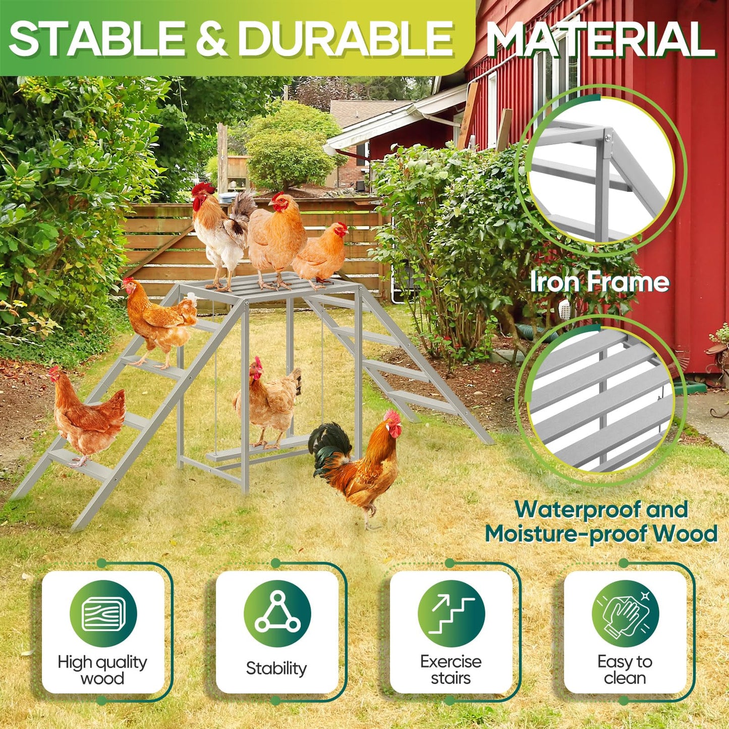 Chicken Coop Perches with Swing, Chicken Roosting Bars, Chicken Run Accessories Toy, Wooden Ladder for Pet's Healthy & Happy, Sturdy and Easy to Clean, Suitable for Backyard Farm,Gray