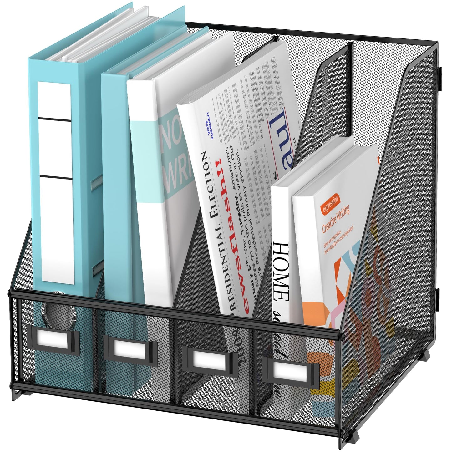 SUPEASY Magazine File Holder, Binder Holder Metal Desk Organizer with 4 Rack Compartments, File Organizer for Office Home School, Black
