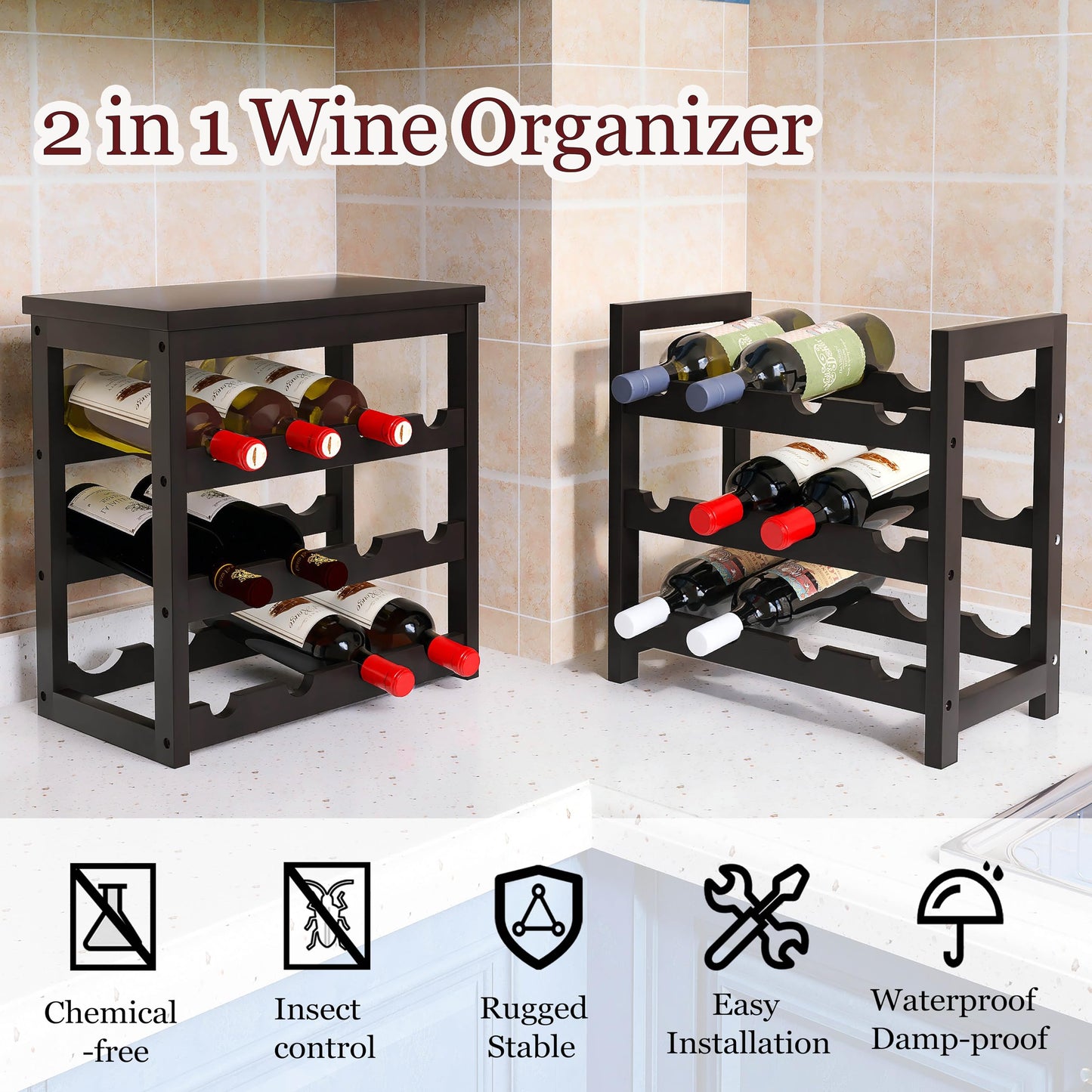 STELLSTAR 24 Bottle Wine Rack Freestanding Floor, 6 Tier Wine Display Storage Shelves with Tabletop, Bamboo Wine Bottle Holder Stand with Wave Bars for Kitchen Dining Room Pantry, Black