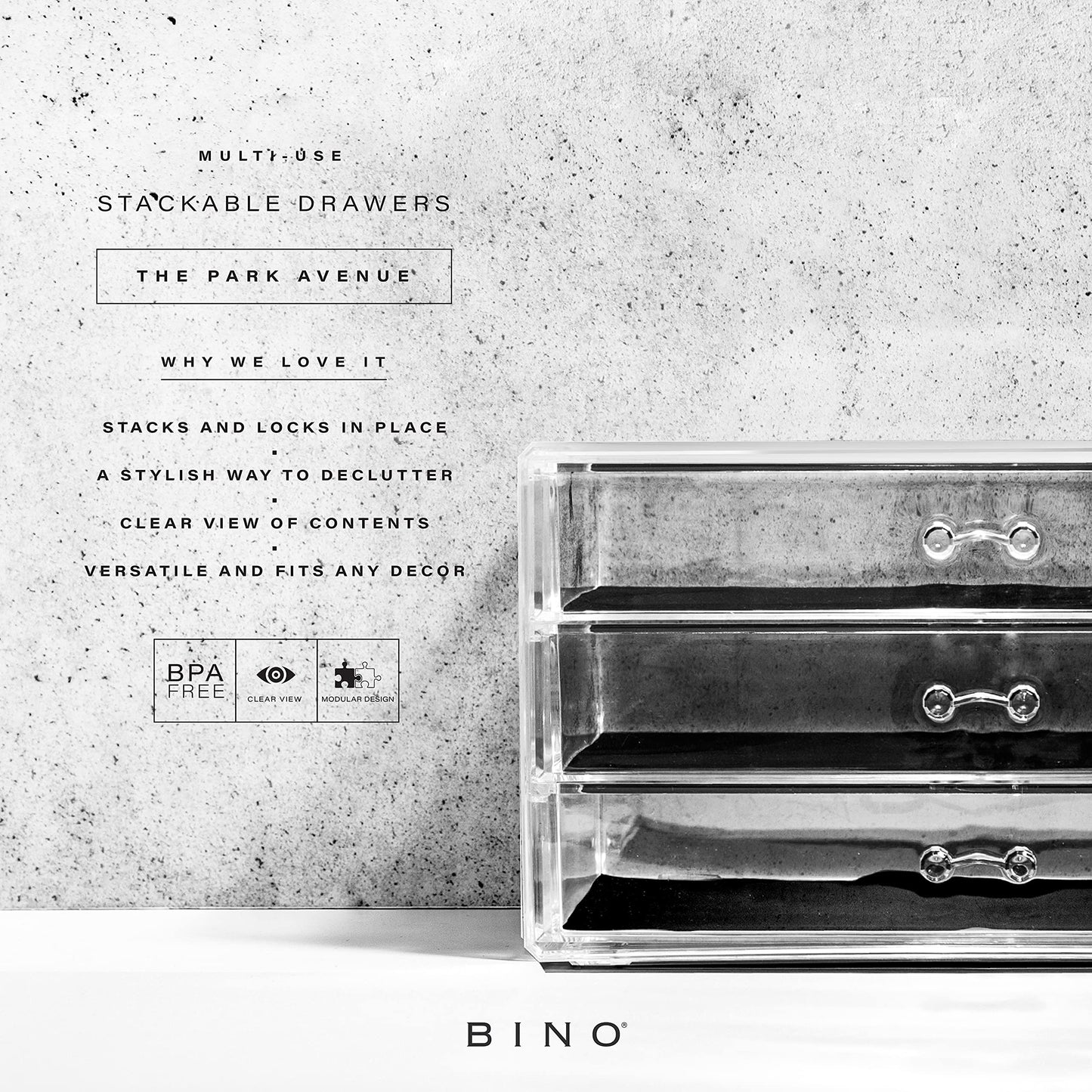 BINO 3-Drawer Makeup Organizer, Park Avenue | THE MANHATTAN SERIES | Modern Minimalist | Clear Acrylic Organizers | Stackable Storage Bins