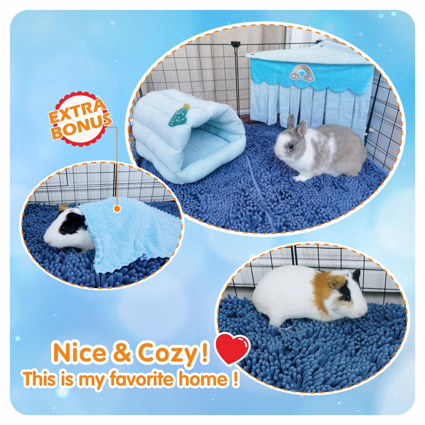 VOZRELS Guinea Pig Cage Liner Bedding 2 PCS, Washable Guinea Pig Bed Mat, Extra Absorbent Rabbit Pee Pad Reusable, Non-Slip Fleece Blanket for Bunny and Small Animal Cage Accessories (Blue, 24"x16")