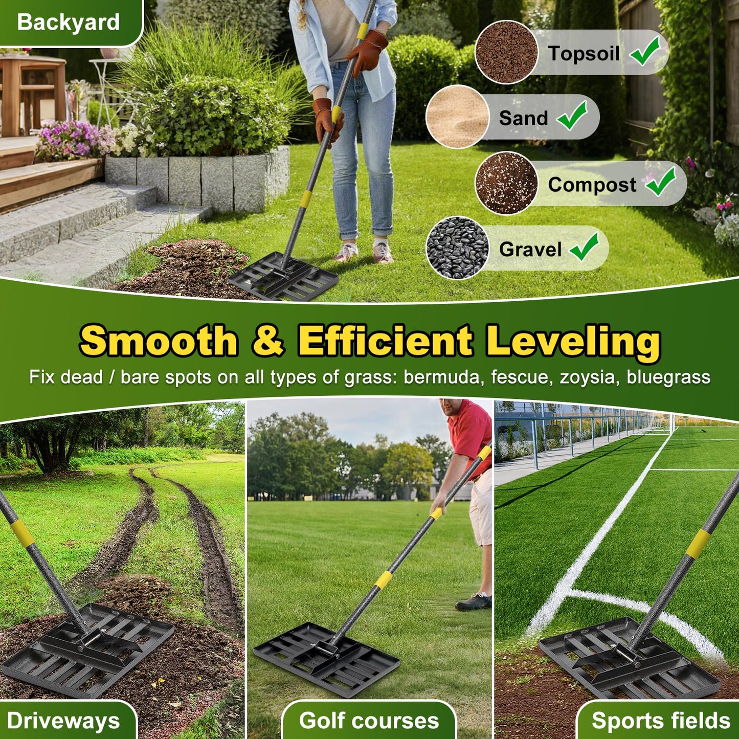 Lawn Leveling Rake: Anti Flipping 17" x 10" Stainless Steel Lawn Ground Leveler for Soil, Heavy Duty Grass Top Soil Dressing Leveling Rake, Home Lawn,Golf Field,Yard Landscaping Tool, 5ft Long Handle