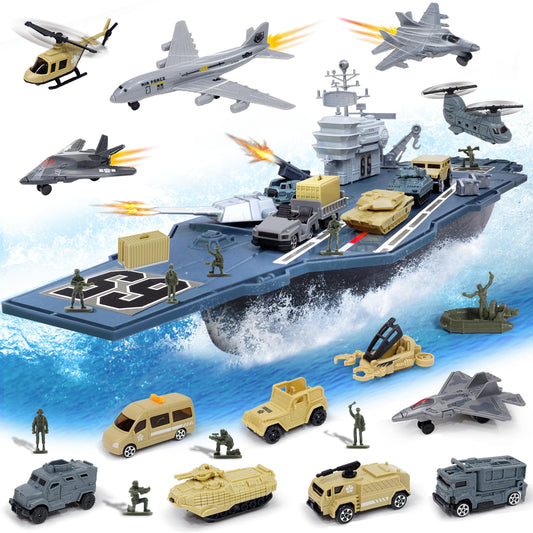 28 Inches Military Aircraft Carrier Toys, Army Toys Playset with 18 Vehicles, Battleship Tank Airplane Helicopter Fighter Jets and Army Men Action Figures for Boys Girls Imaginary Pretend Play