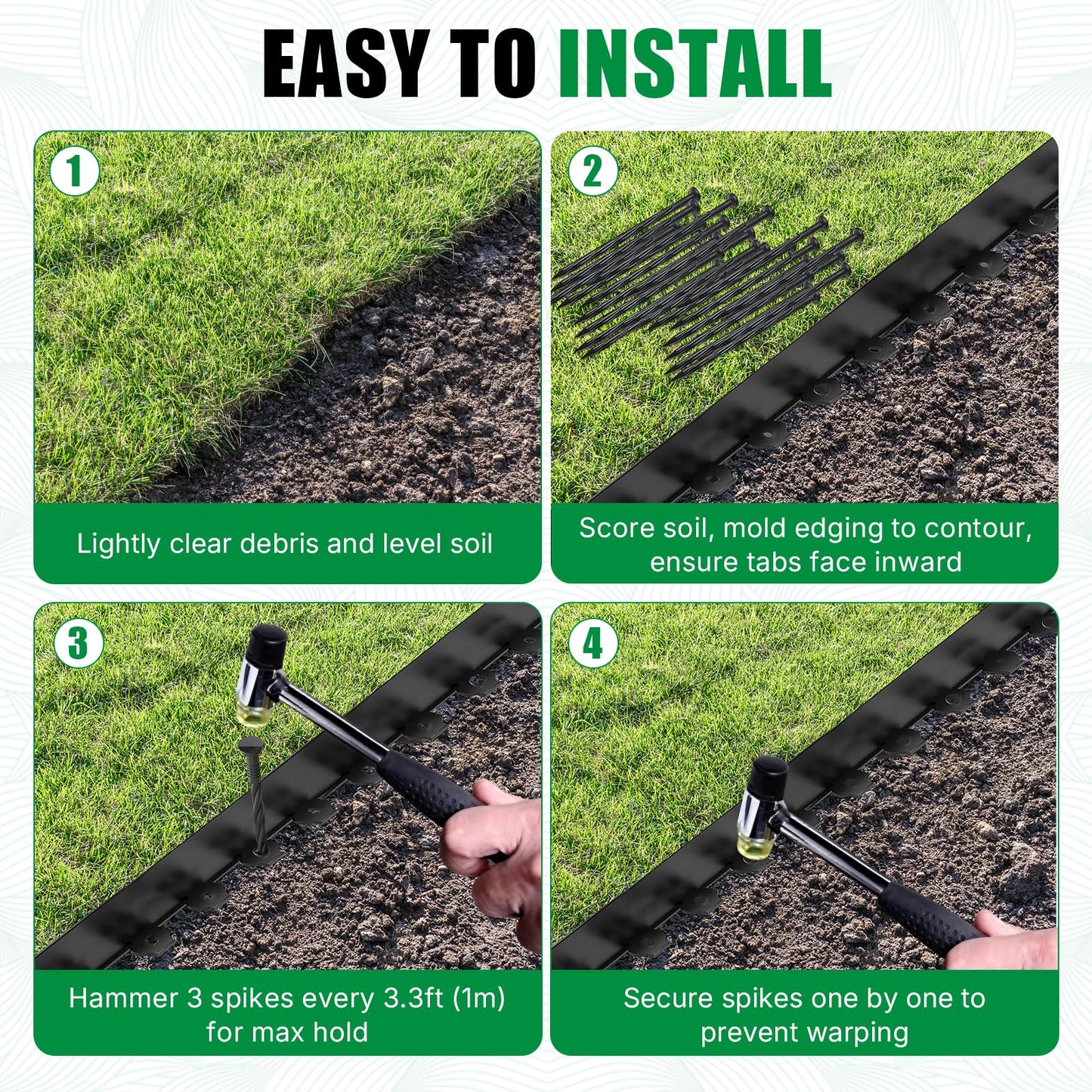 33Ft Garden Edging Kit with 100 Spikes - 4 Inch Tall Flexible Landscape Border for Flower Beds, Lawn, Yard & Landscaping, Black