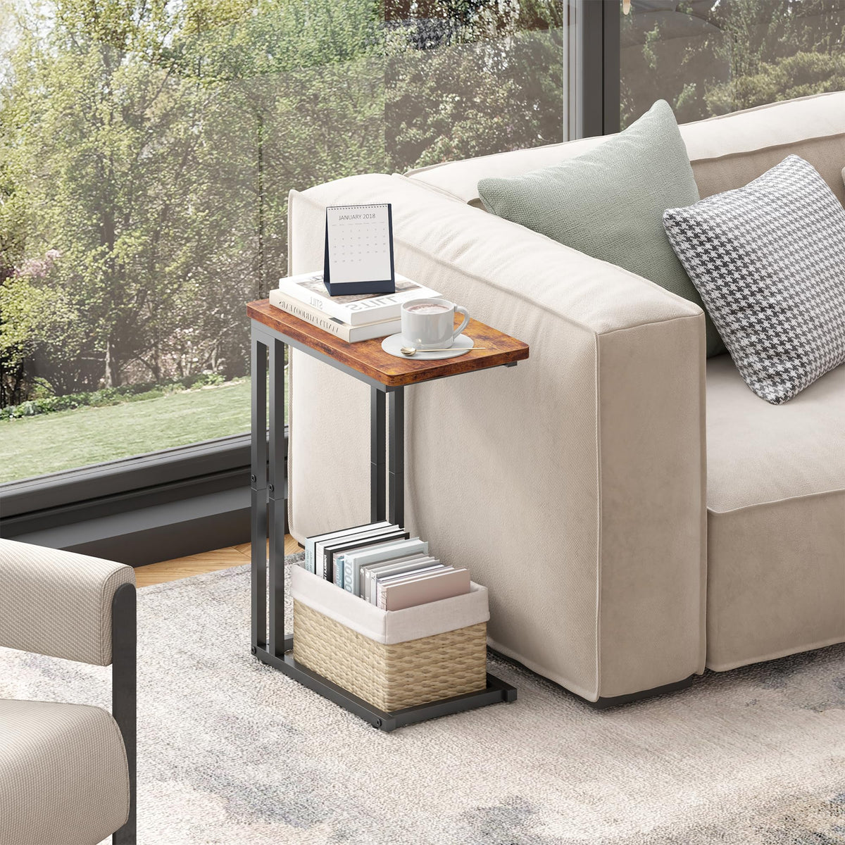 Yusong C Shaped End Table, Couch Side Table that Slide Under Sofa Bed, Small Table for Small Spaces, Skinny Overbed Table, Coffee Drink Snack Table for Living Room, Rustic Brown