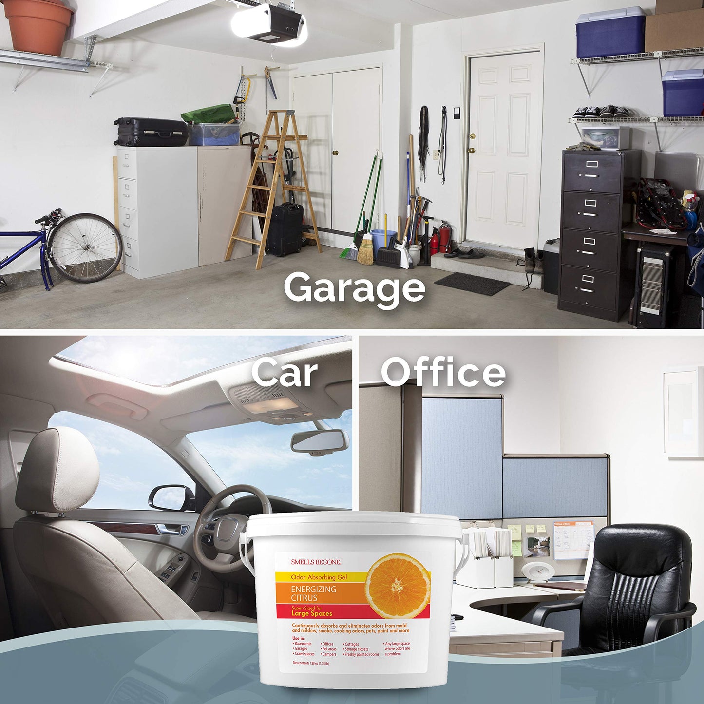 SMELLS BEGONE 1-Gallon Gel Odor Eliminator – High-Capacity, Long-Lasting Absorber for Large Basements, Garages, Workshops & Commercial Areas – Remove Tough Odor with Essential Oils (Energizing Citrus)