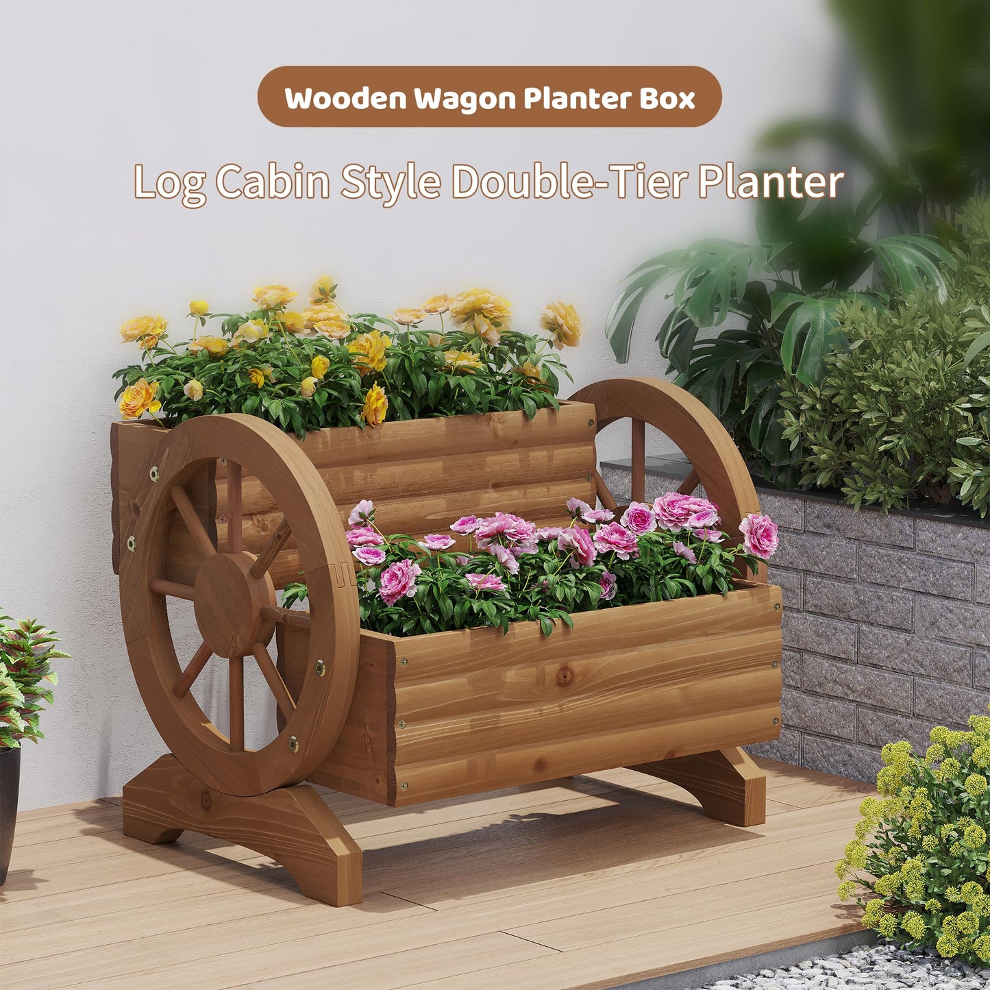 Wooden Wagon Planter Box for Indoor Outdoor Garden Planter Wood Planter Boxes Flower Planters Outdoor with Wheels Planter for Flowers Herbs Vegetables(Brown)