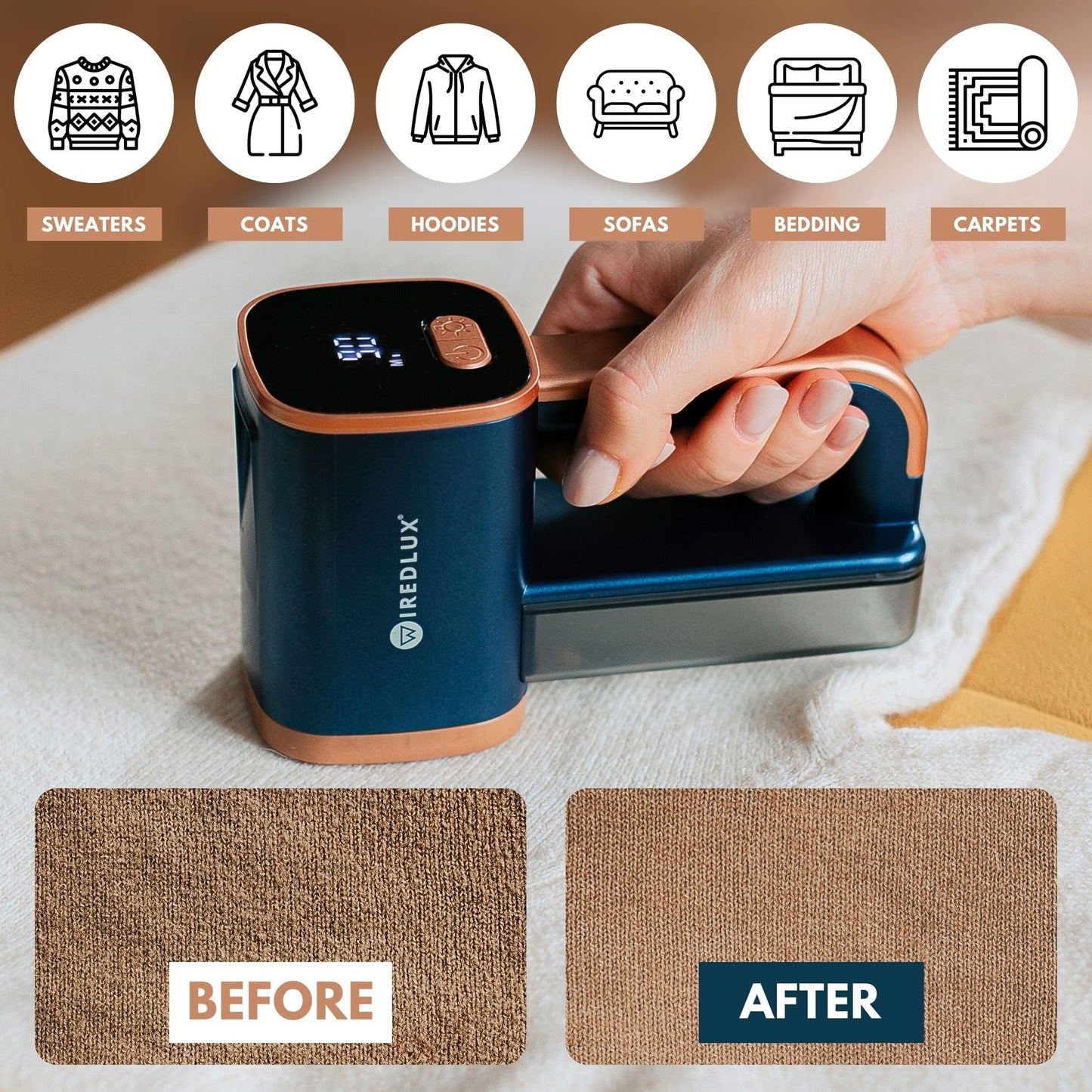 WiredLux Electric Lint Remover - Rechargeable Fabric Shaver for Clothes & Couch - Adjustable 3-Speed, 6-Leaf Blade, LED Light, USB Charging - Depiller with Dual Protection (Cobalt Blue/Copper)