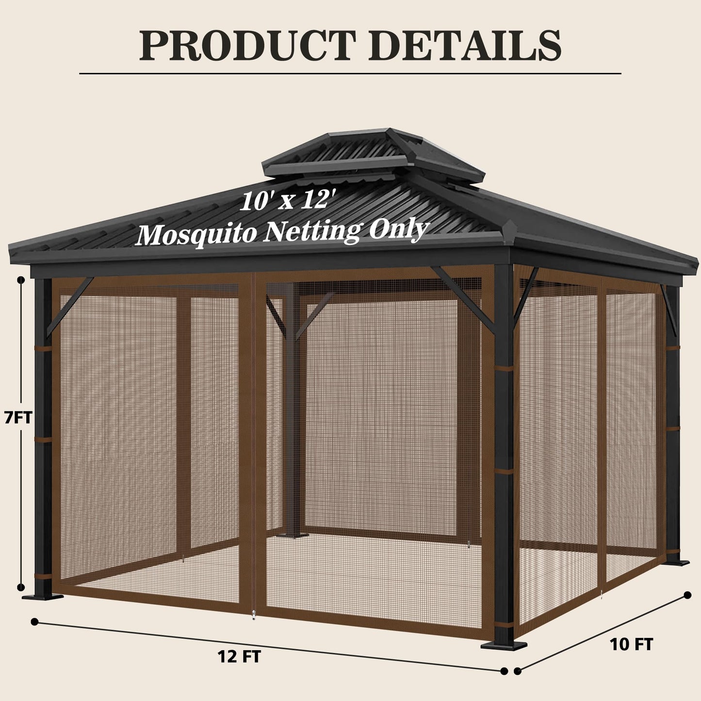 Universal Mosquito Netting Gazebo Curtains, Replacement Outdoor Pergolas Mesh Netting Screen for Patio Garden Yard, 4-Panel Gazebo Screen Sidewalls with Zipper (Coffee, 10'x12')