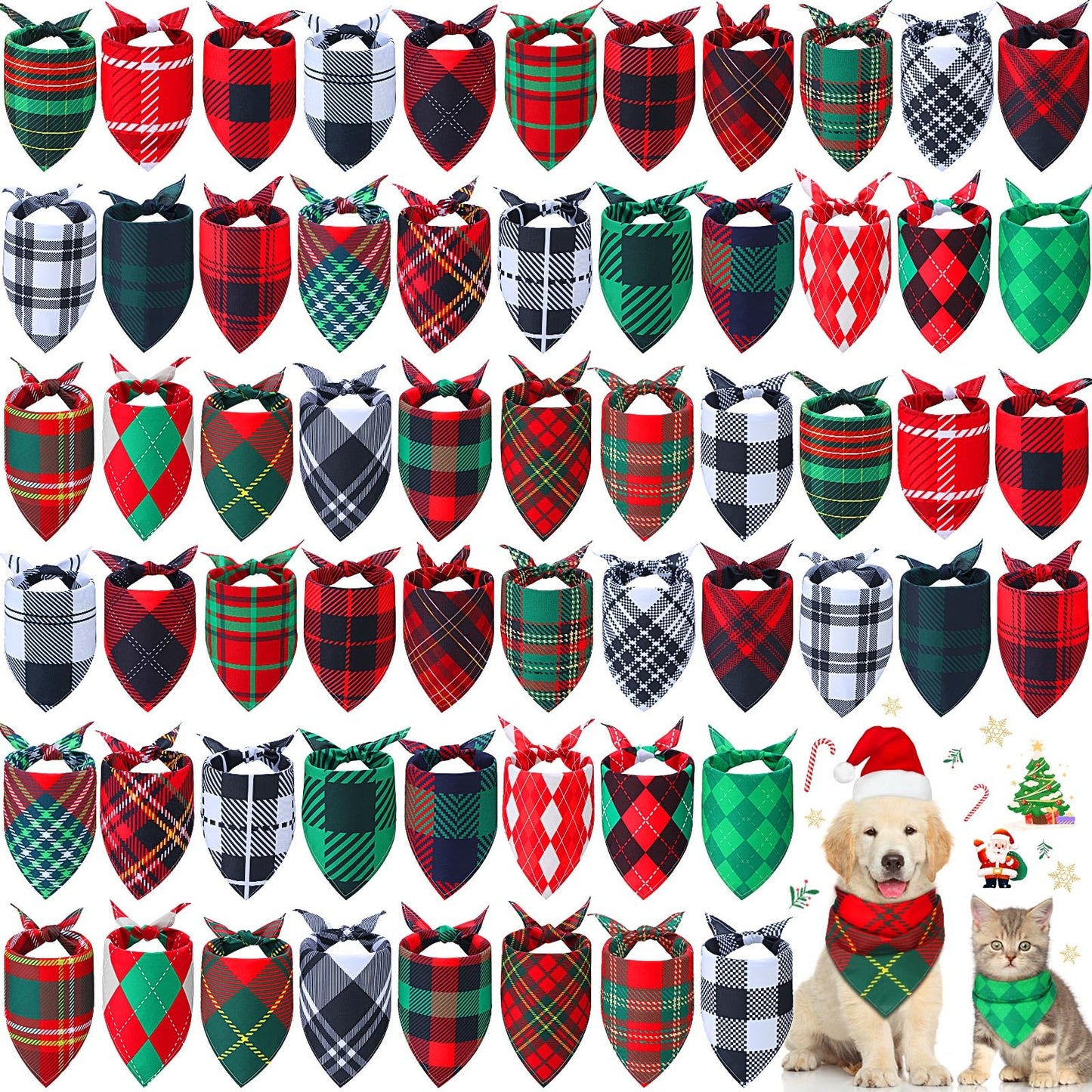 Sanwuta 60 Pcs Christmas Plaid Dog Bandanas Bulk Holiday Dog Scarf Bibs Puppy Bandanas Adjustable Washable Kerchief Pet Costume Accessories Grooming Supplies for Small to Medium Cats Dogs
