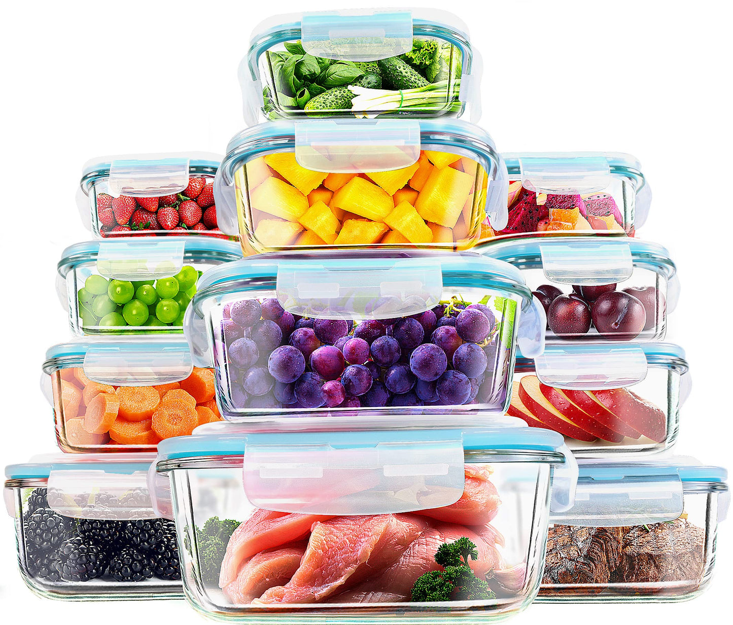 KICHLY Glass Container for Food Storage with Lids, 24pcs, 12 Airtight Lids and Meal Prep Containers, Pantry Organizers, Freezer to Oven Safe Meal Prep Containers, BPA Free & FDA Approved Lunch Boxes