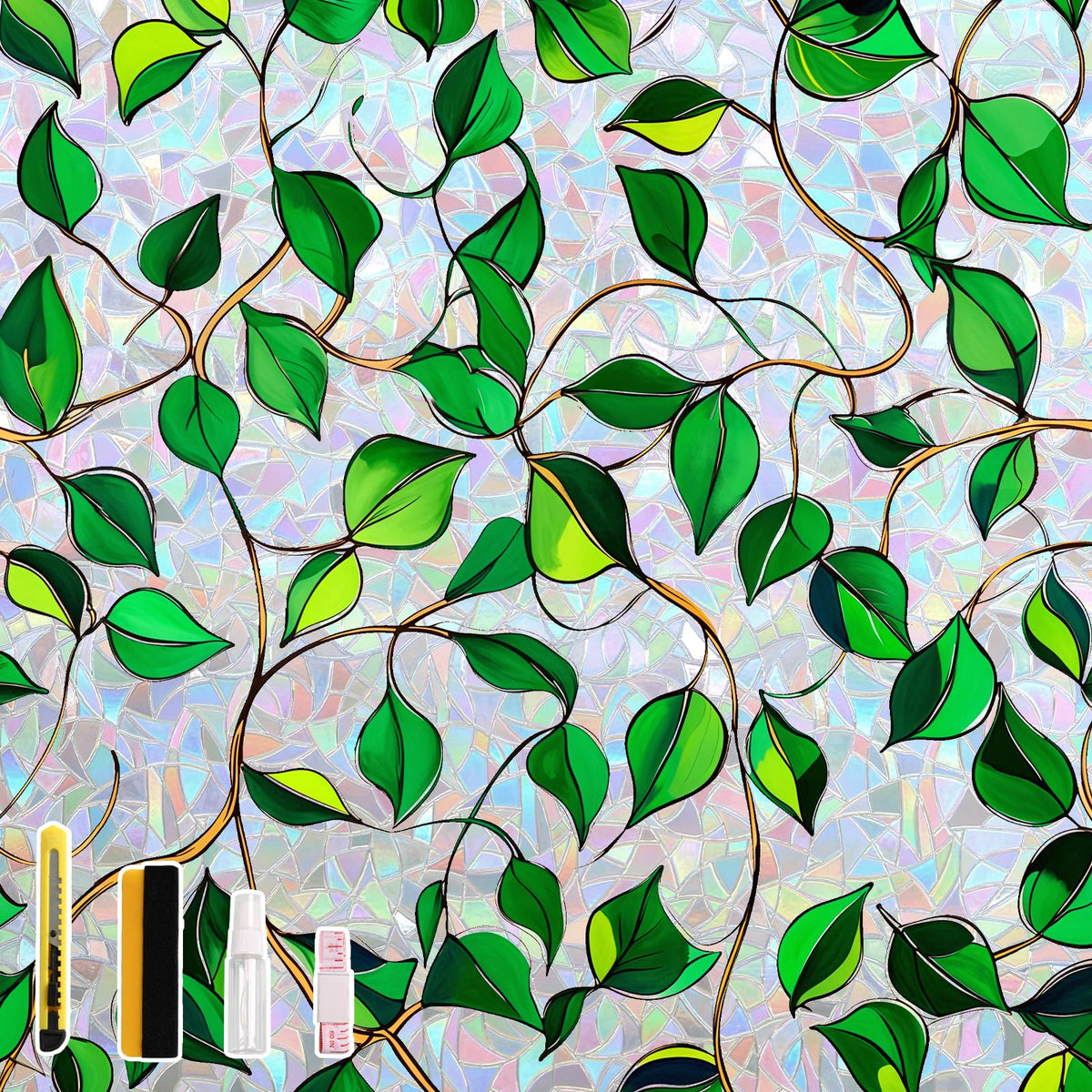 NINETREX Window Privacy Film with Installation Tools, No Glue Stained Glass Static Cling Window Tint 3D Decorative Frosted Leaf Pattern for Door and Home Decor 60 X 200cm
