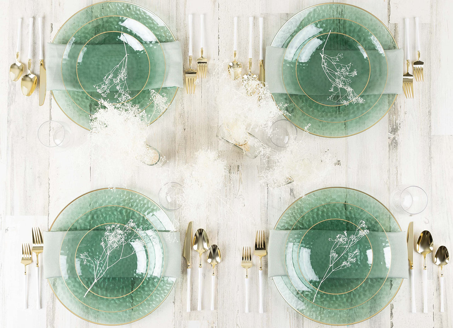 PLASTICPRO 30 Pack Hammered Plastic Plates Heavyweight Disposable Plastic Plates Elegant Clear Hammered Rim Platsic Party Dishes (Hamered Green With Gold Rim, 10'' INCH PLATES)