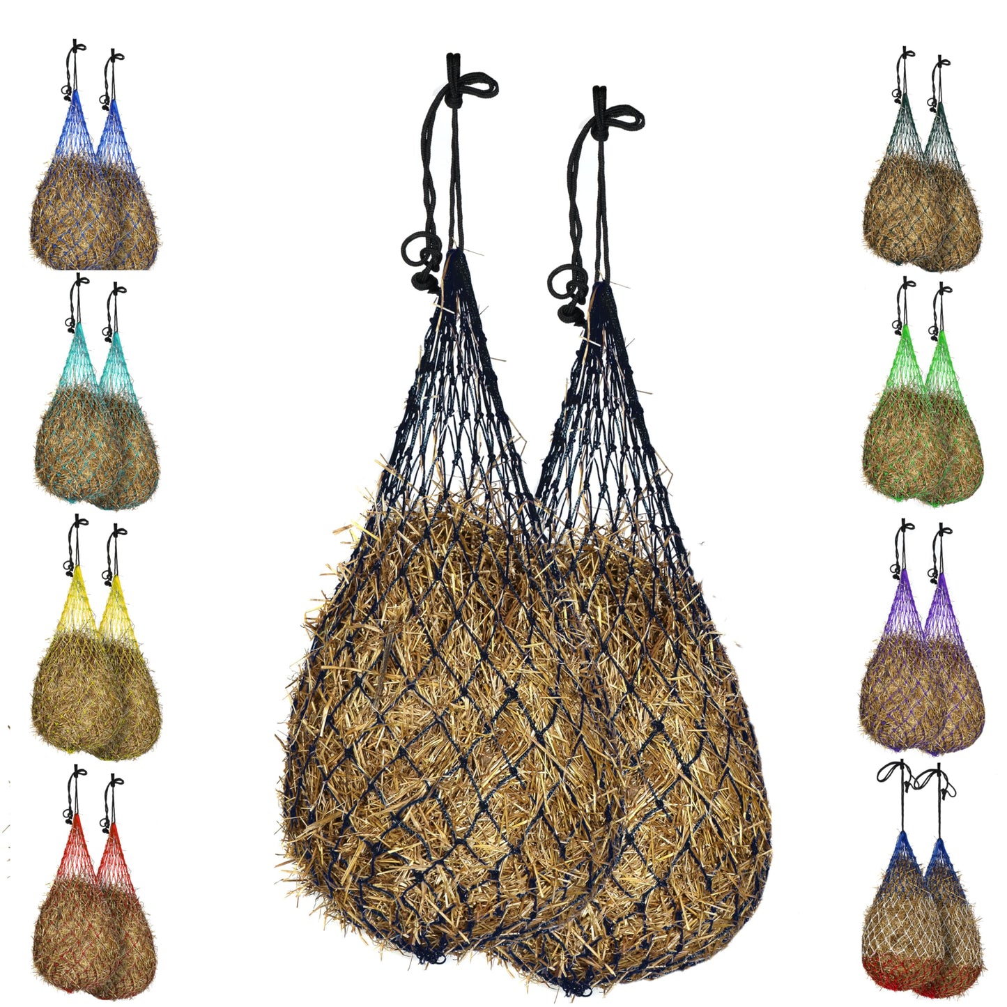 Majestic Ally 2 pcs Slow Feed 56” Hay Net with Soft 3"x3" Holes for Horses & Livestock, Nylon Rope Hanging, Simulates Grazing, Reduce Waste (Black)