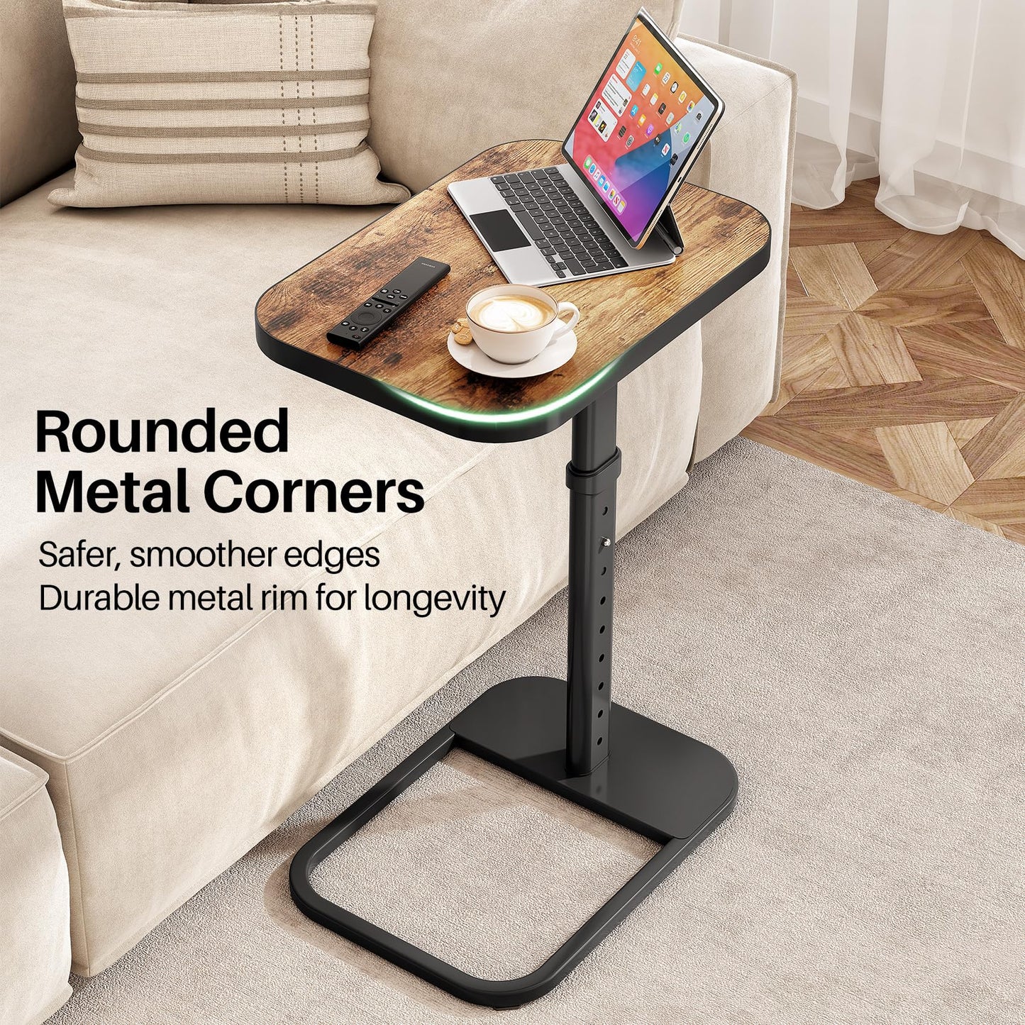 Kitstorack TV Tray Table, Adjustable Height & 90° Flip-Over Panel Design, Sofa Arm End Side Table for Eating Laptop Couch Bed Dinner or Small Spaces (Rustic Brown,Black)