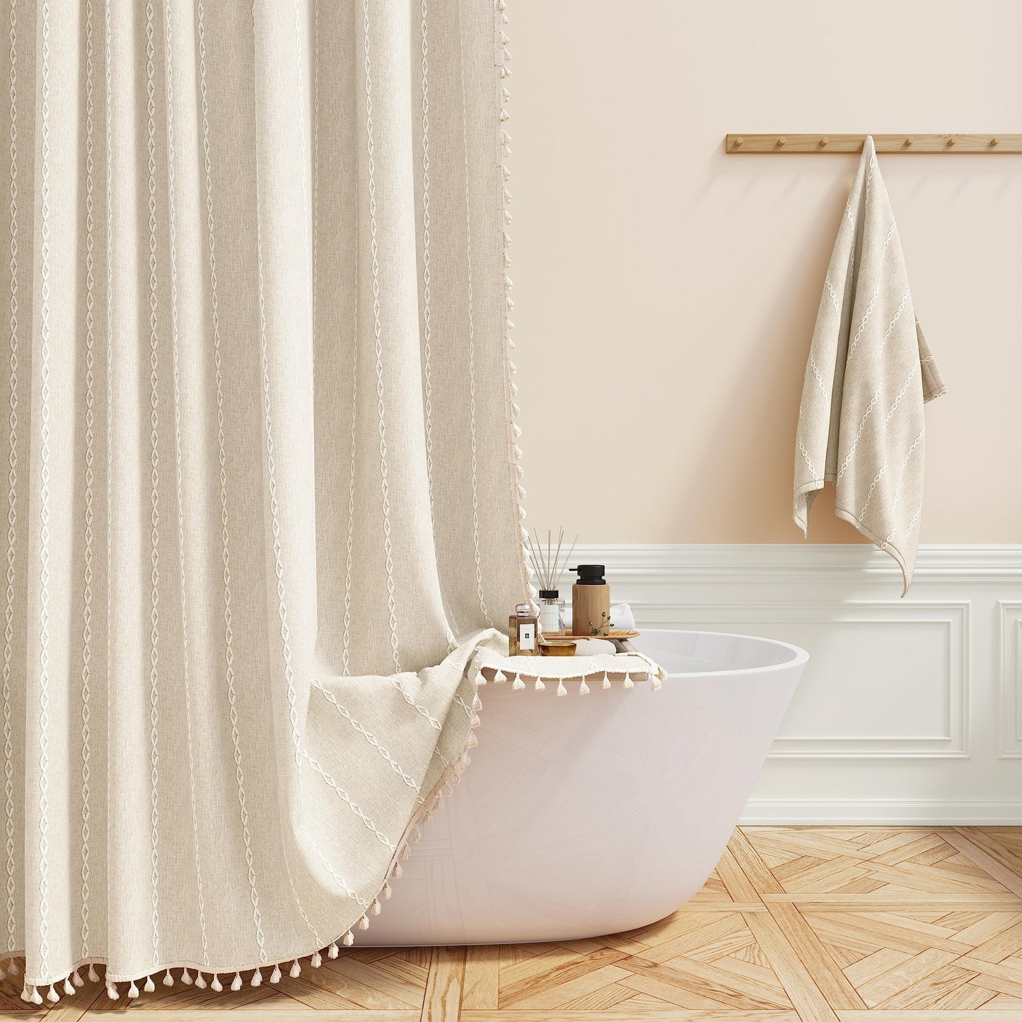 BTTN Boho Farmhouse Shower Curtain, Linen Rustic Bohemian Striped Cloth Shower Curtain Set with Tassel, Water Repellent, Modern Vintage Country Fabric Shower Curtains for Bathroom, Cream/Beige, 72x72