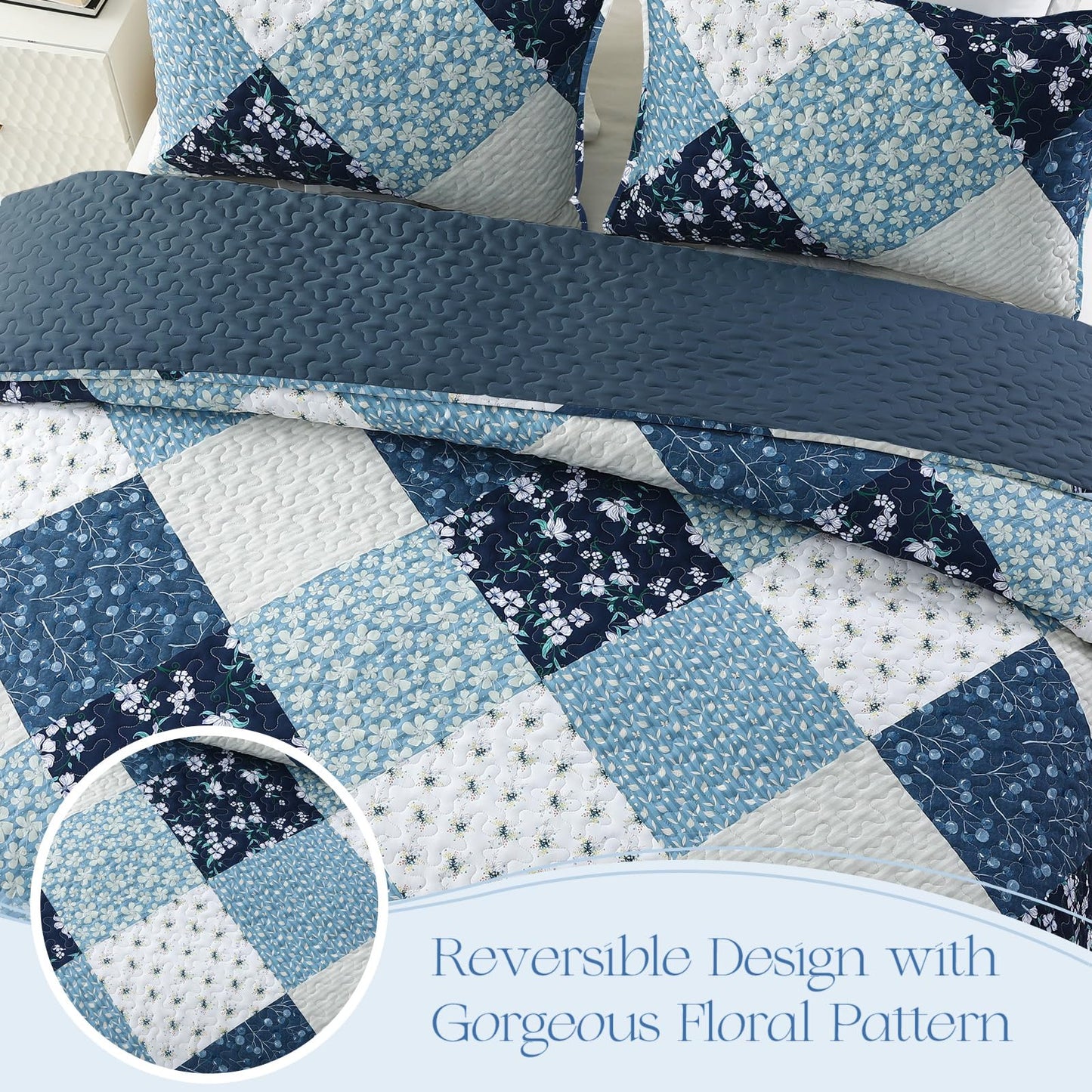 Exclusivo Mezcla Reversible Boho Quilt Set King Size, 3 Pieces Patchwork Blue All Season Bedspreads, Ultra Soft Floral Coverlet Bedding Set with Printed Pattern (1 Quilt, 2 Pillow Shams)