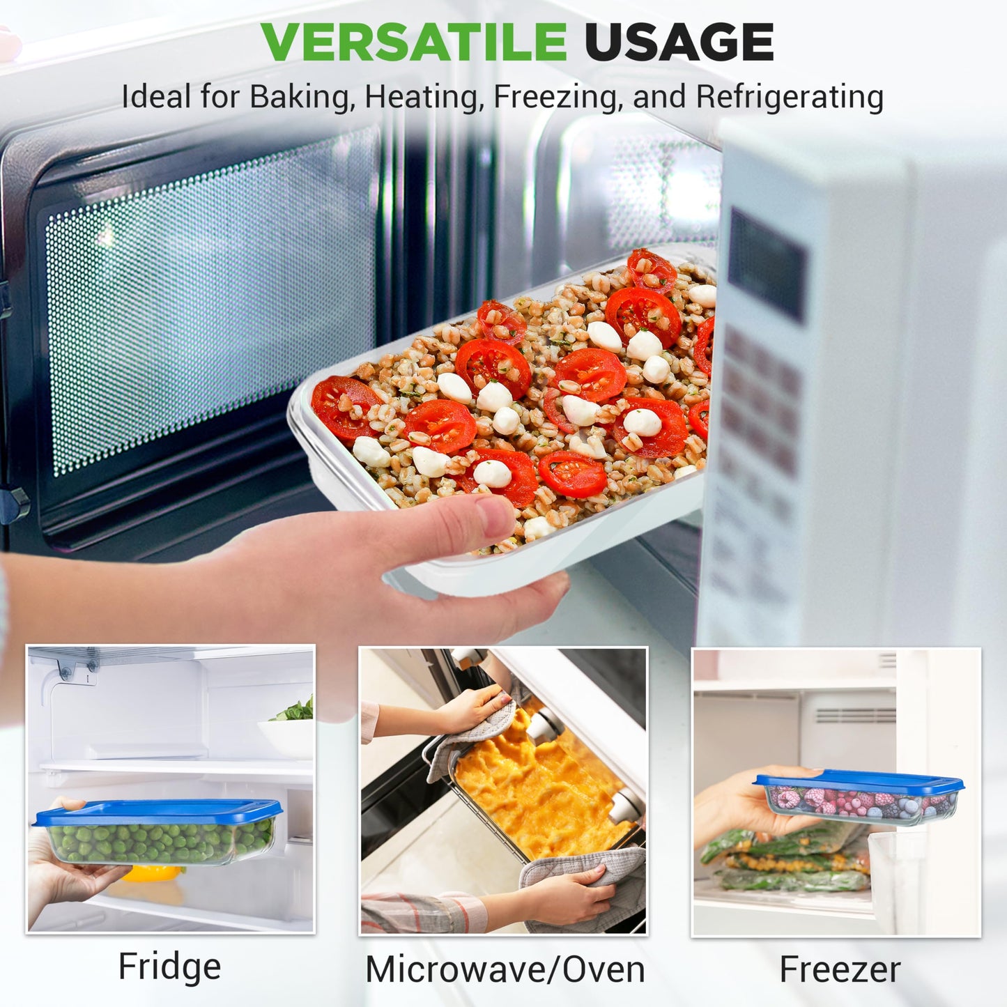Nutrichef 4 Sets Glass Bakeware-High Borosilicate Rectangular Glass Baking Dish w/Blue BPA-Free PE Lids, Freezer-to-Oven Home Kitchen Bake Casserole Food Storage Stackable Tray Pan, Dishwasher Safe