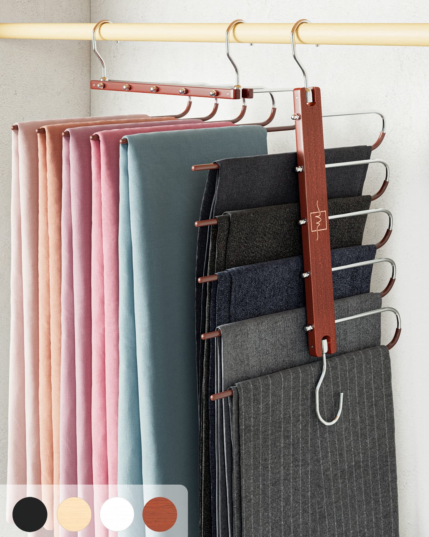 MORALVE Pants Hangers Space Saving – 2 Pack European Beechwood Hanger for Jeans, Scarves, Leggings – Closet Organizer and Space Saver Pant Rack, Leggings Hanger, and Scarf Holder with 360° Swivel Hook