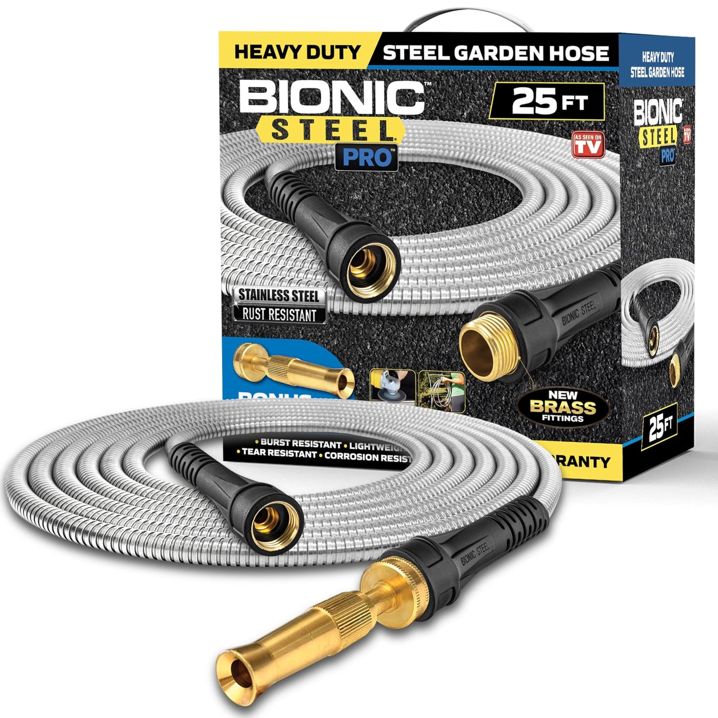 Bionic Steel Pro Metal Garden Hose 25 Ft, Rust Proof 304 Stainless Steel Water Hose with Brass Fittings, Flexible & Heavy Duty Hose, Lightweight, Kink Free & Easy Coil Outdoor Hose- 2021 Model