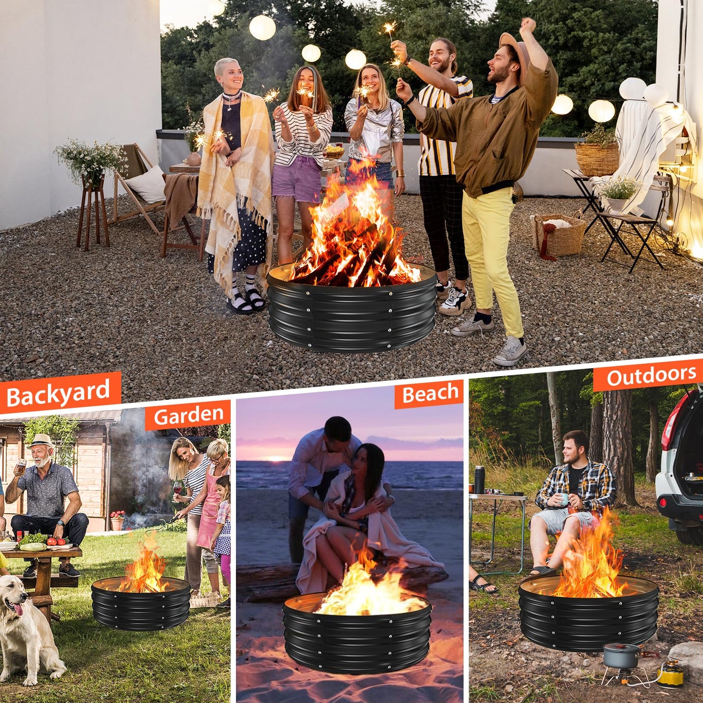 YSEJOMP 36 Inch Round Galvanized Fire Pit Ring/Fire Ring - Foldable and Perfect for Outdoor Gatherings and Campfires in The Yard/Garden/Park/Beach (Black+Gray, 3 FT Diameter+1 FT Tall)