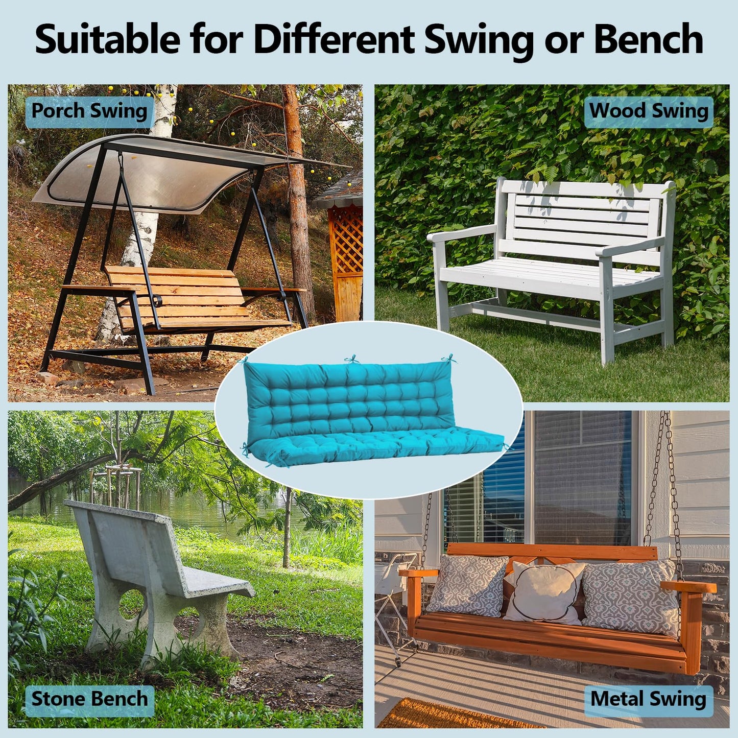 FAMIROSA Porch Swing Cushions, 60 x 40 x 4in Thick Replacement Cushions for Outdoor Furniture, 2-3 Seater Water-Resistant and Comfortable Bench Chair Cushion with Backrest for Patio Yard Garden, Blue