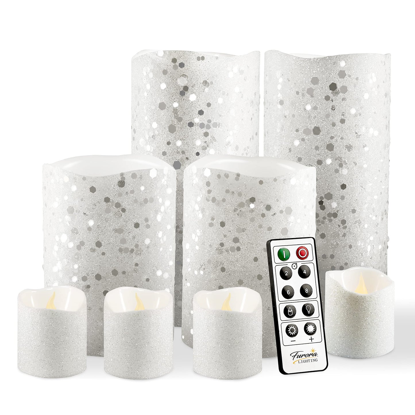FURORA LIGHTING White Glitter Real Wax Flameless LED Candles with Remote & Timer (2/4/6/8 H), Battery Operated for Safety and Elegance, Pack of 8