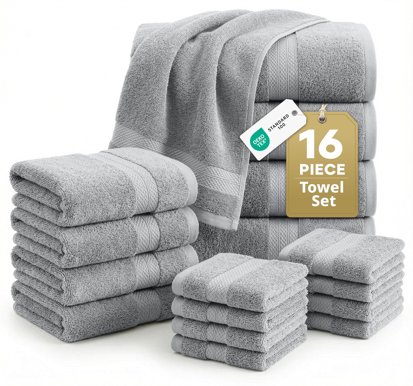 LANE LINEN 100% Cotton Turkish Towel Set for Bathroom - 16 Piece - Super Soft, Quick Dry & Highly Absorbent - 4 Bath, 8 Wash Cloths, 4 Hand Towels - Hotel Quality, Durable & Oeko-TEX Certified - Grey