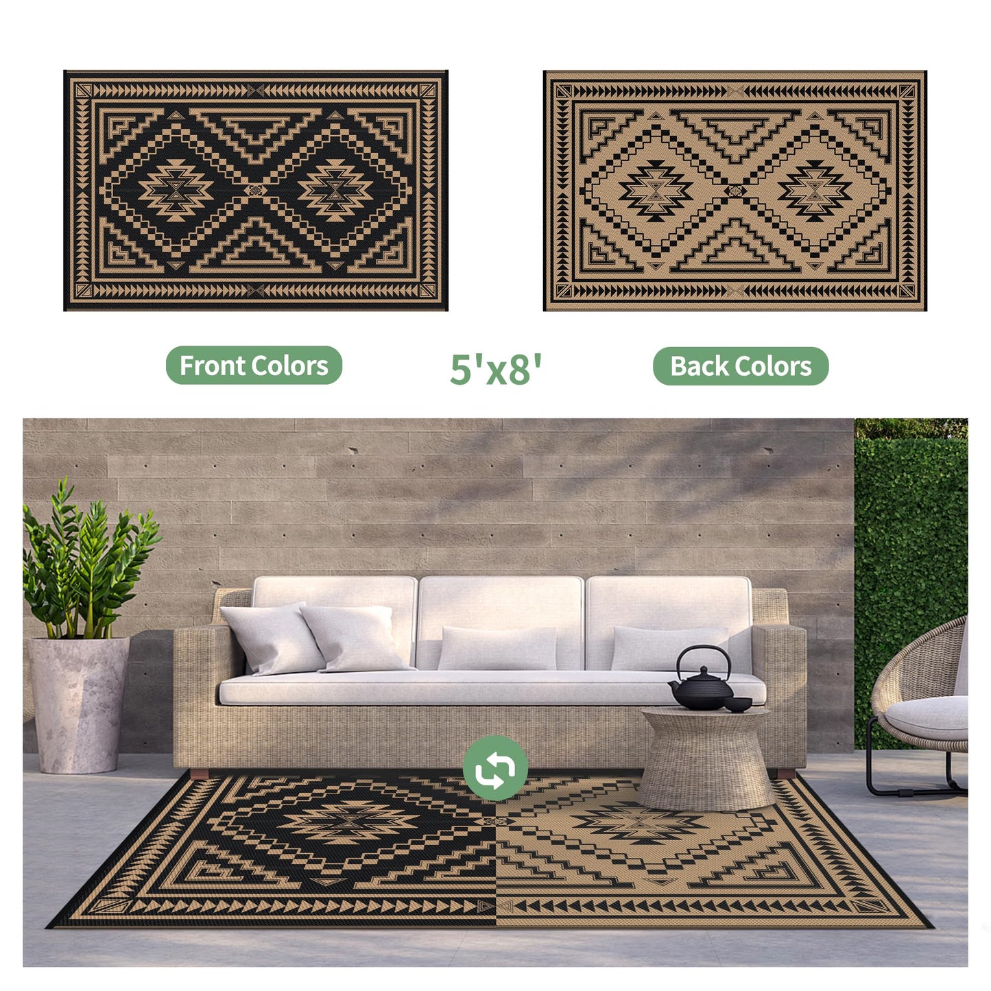 GENIMO Outdoor Rug for Patio Clearance - 5x8 ft Waterproof Plastic Camping Rugs, Reversible Outside Rv Mat Carpet for Porch, Deck, Picnic, Balcony, Beach, Backyard, Black Brown