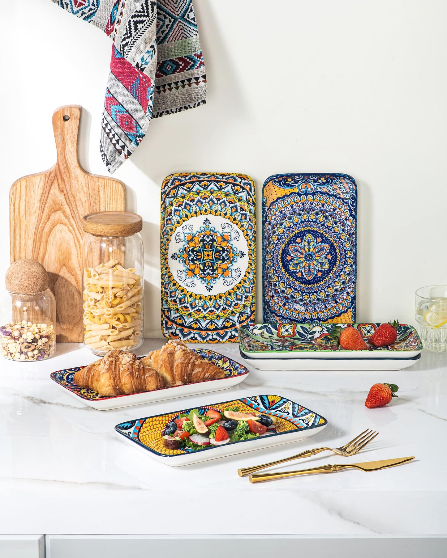 HENXFEN LEAD 10 Inch Rectangular Dinner Plates Set of 6 – Colorful Boho Design Porcelain Plates for Salad, Appetizer, Sushi & Dessert – Microwave, Oven & Dishwasher Safe