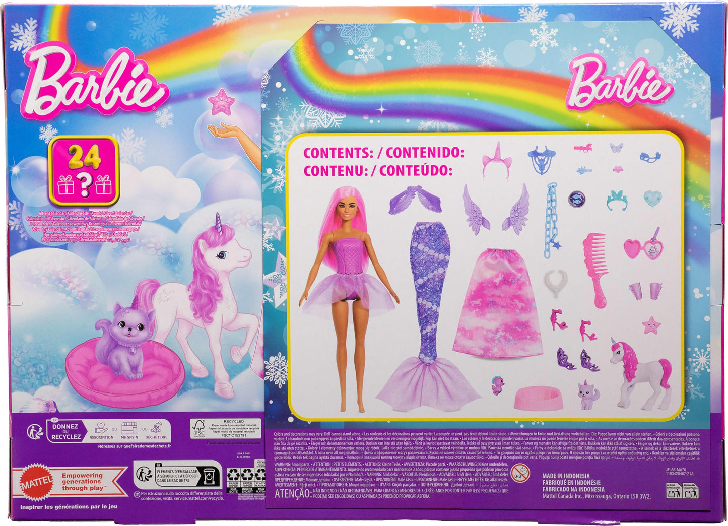 Barbie Advent Calendar with Doll & 24 Surprise Toy Accessories Including Unicorn & Pets, Transform Fashion Doll into Mermaid, Fairy & More