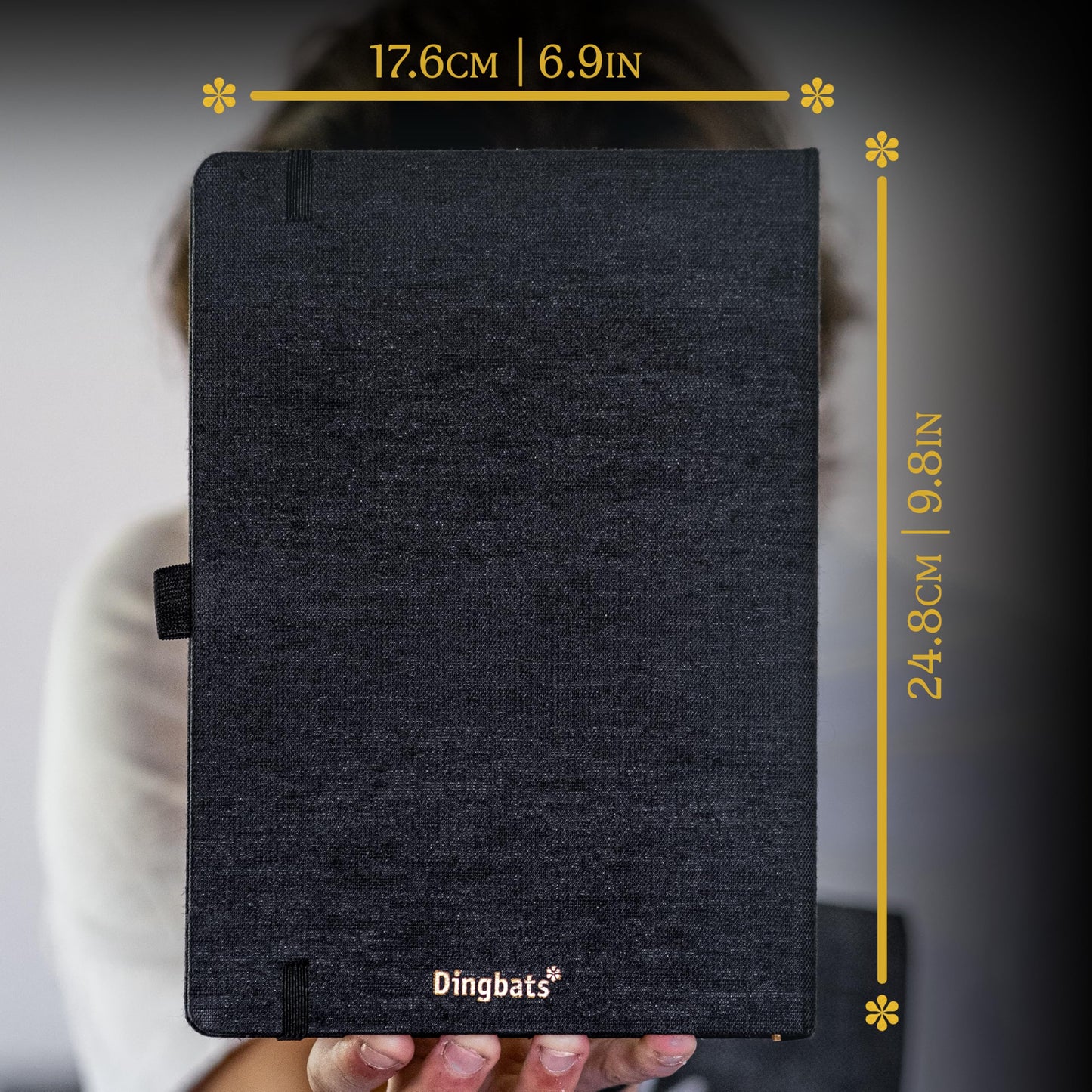 Dingbats* - Pro B5 Large Lined Notebook - Black Textile Cover, Thread-Bound Journal - for Work, Travel - Pocket, Elastic Closure, Pen Holder, Bookmark