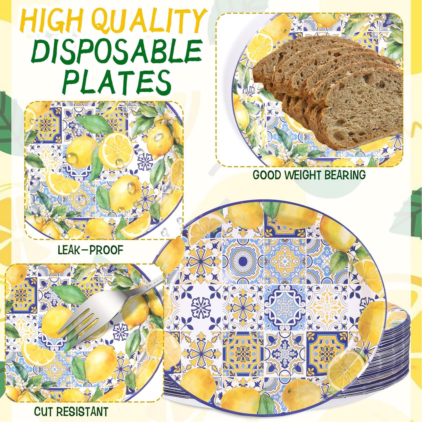 CIEOVO 50 PCS Capri Lemon Party Tableware Paper Plates Large Oval Yellow Blue Disposable Dinner Dessert Plates for Capri Mediterranean Positano Wedding Blue Tiles Lemon Summer Birthday Party Supplies