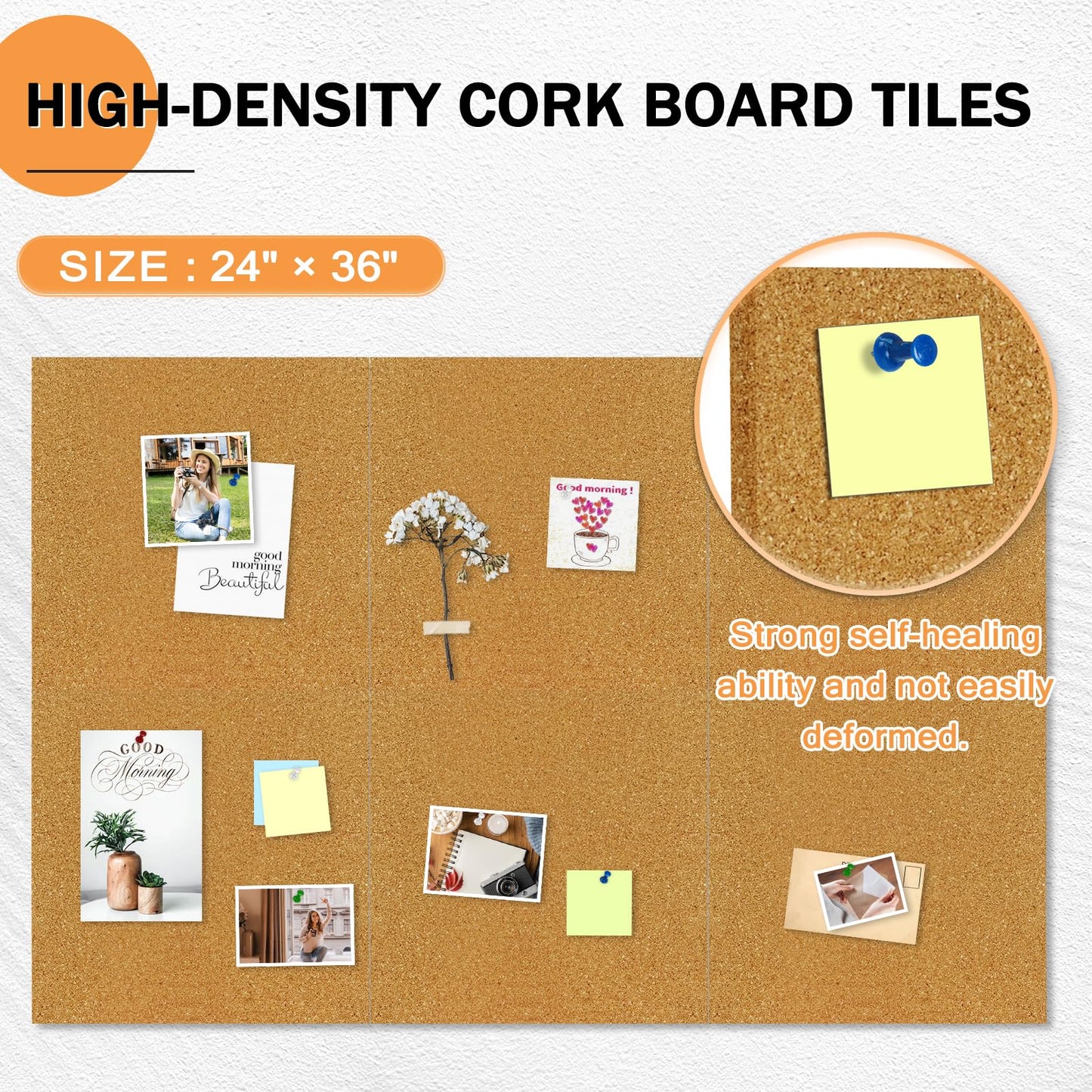 AMUSIGHT Cork Board Tiles, 6 Packs 12" x 12" 1/2" Thick Cork Bulletin Board Pin Board Self Adhesive Cork Boards for Walls with 60 Pushpins for Home Office Kitchen School