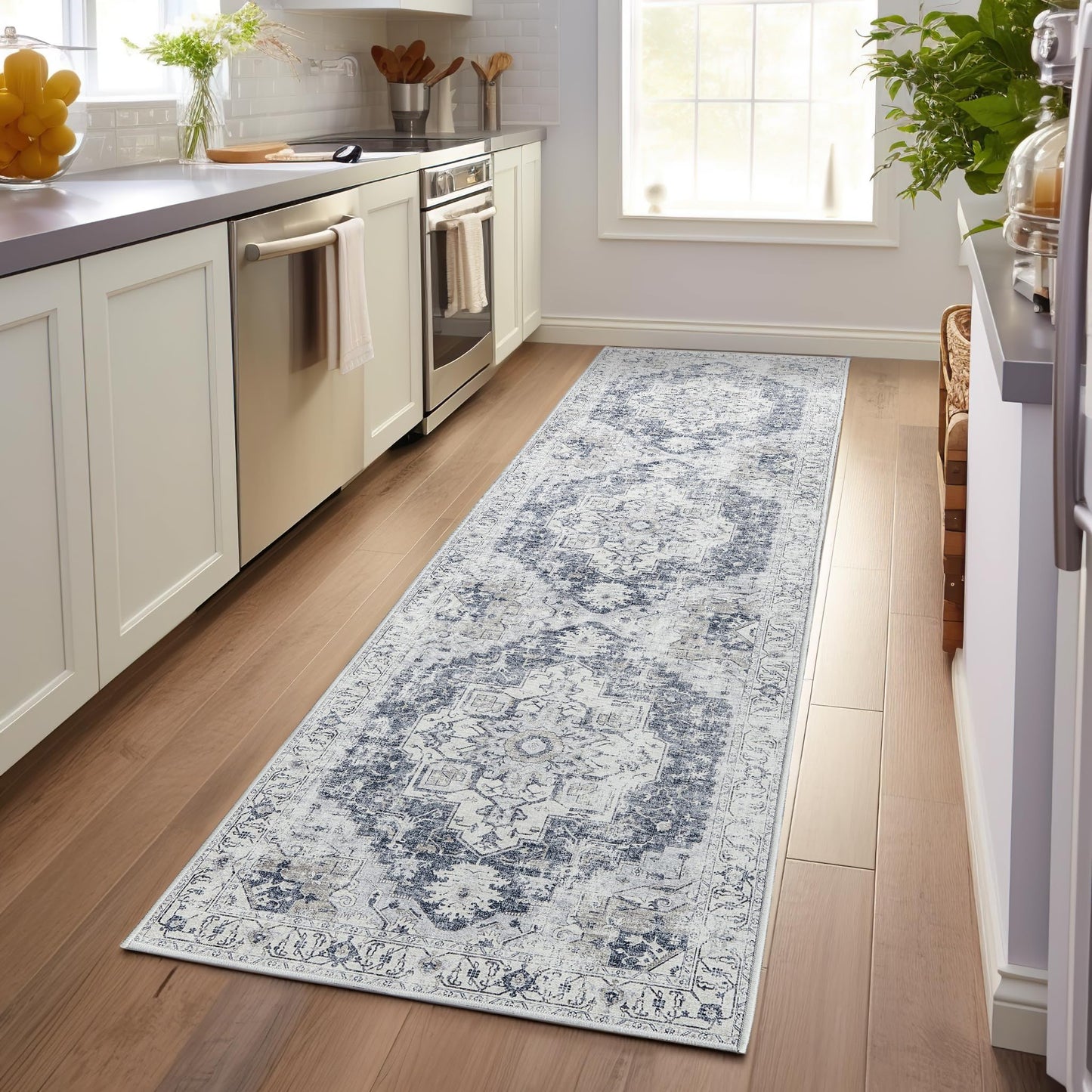 JINCHAN Runner Rug 3x10 Washable Area Rug Vintage Indoor Floor Cover Grey Multi Print Distressed Carpet Gray Thin Accent Mat Lightweight Kitchen Living Room Bedroom Dining Room
